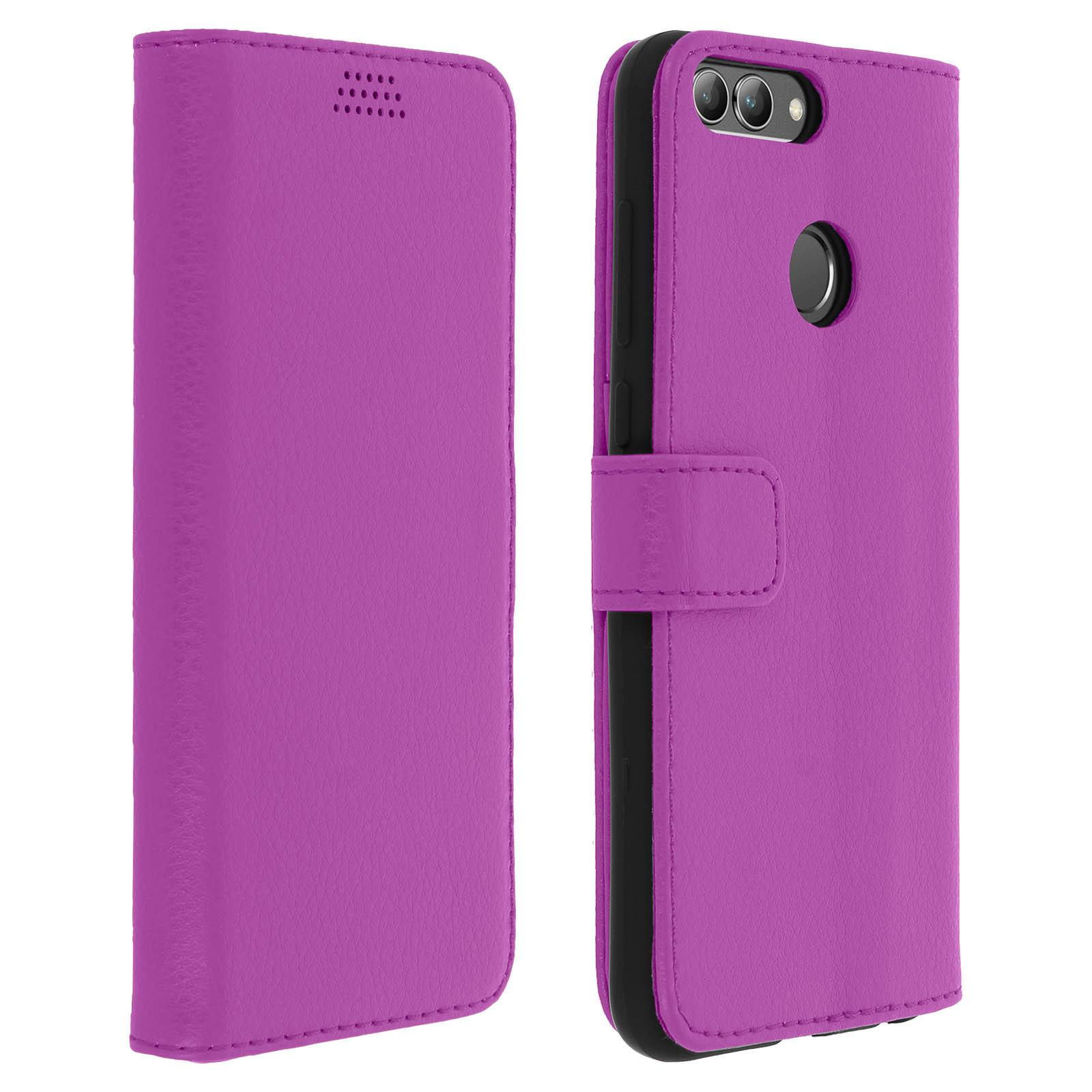 Una custodia per telefono in pelle rosa. Un lato è chiuso, l'altro aperto. Interno nero.
