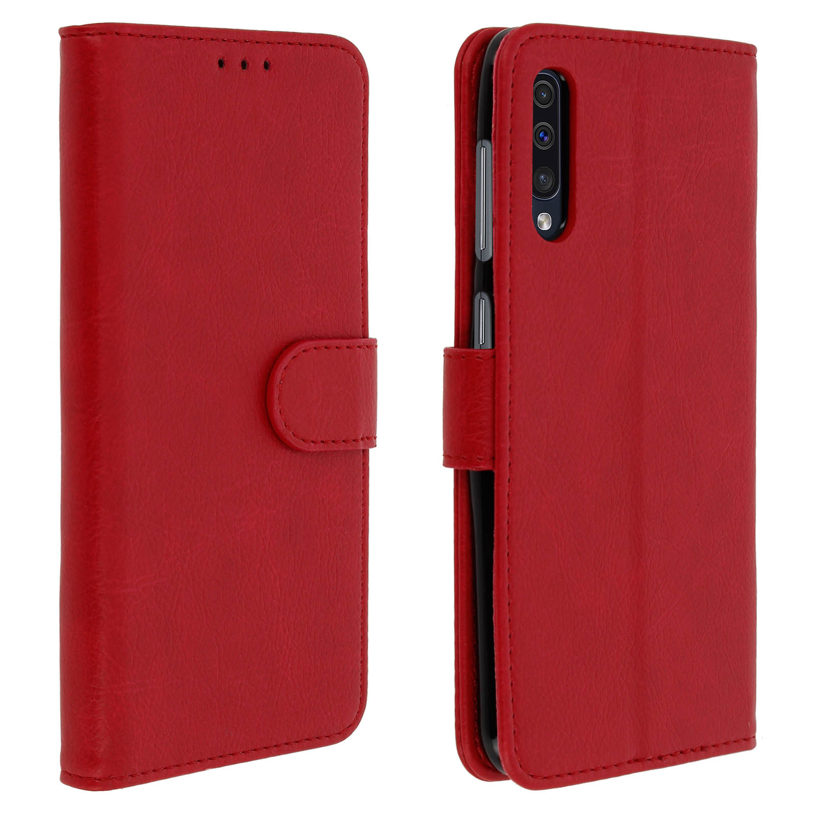 Custodia rossa per telefono, aperta e chiusa. Con chiusura magnetica. Telefono nero visibile.