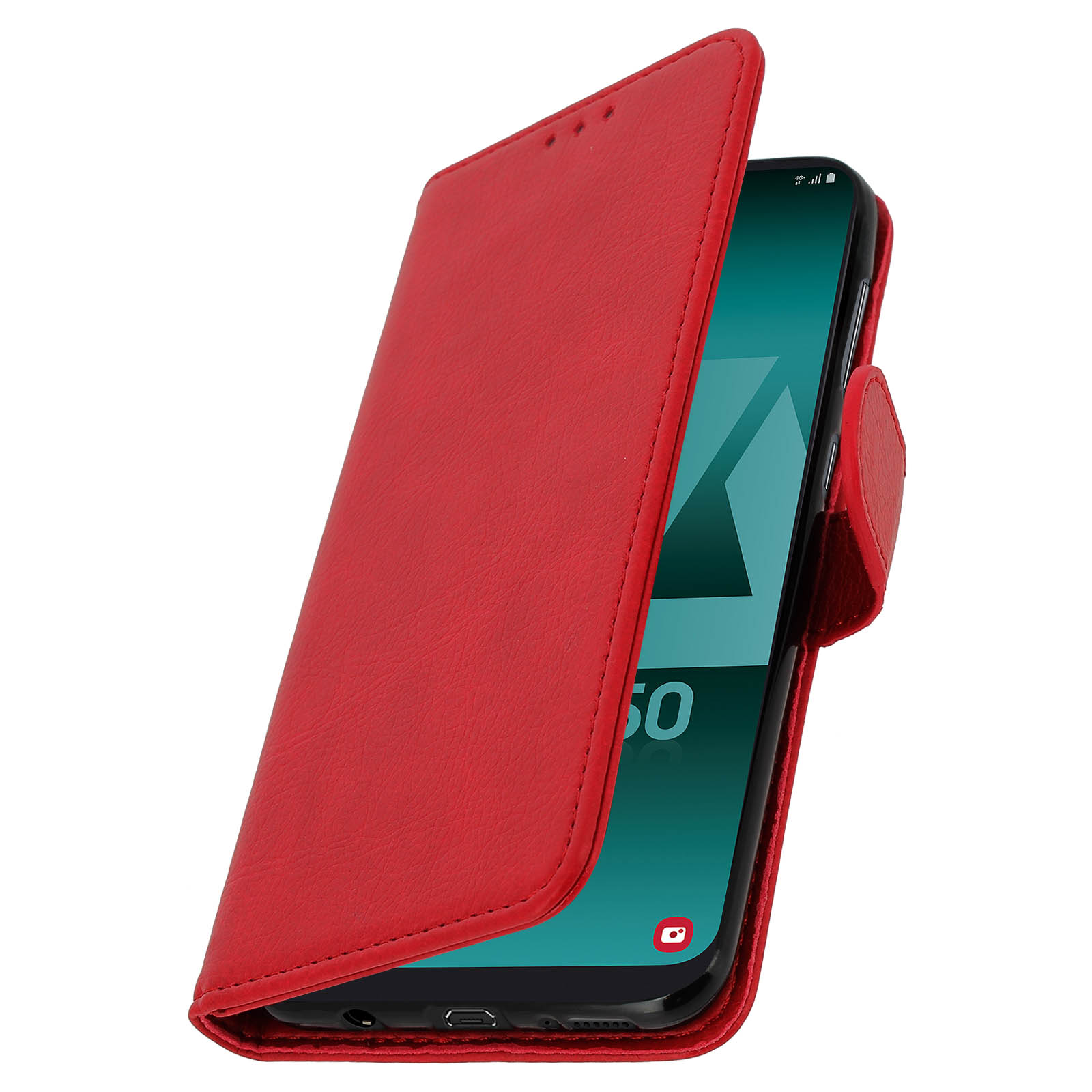 Custodia rossa per telefono aperta per mostrare un telefono. Lo schermo del telefono è visibile.