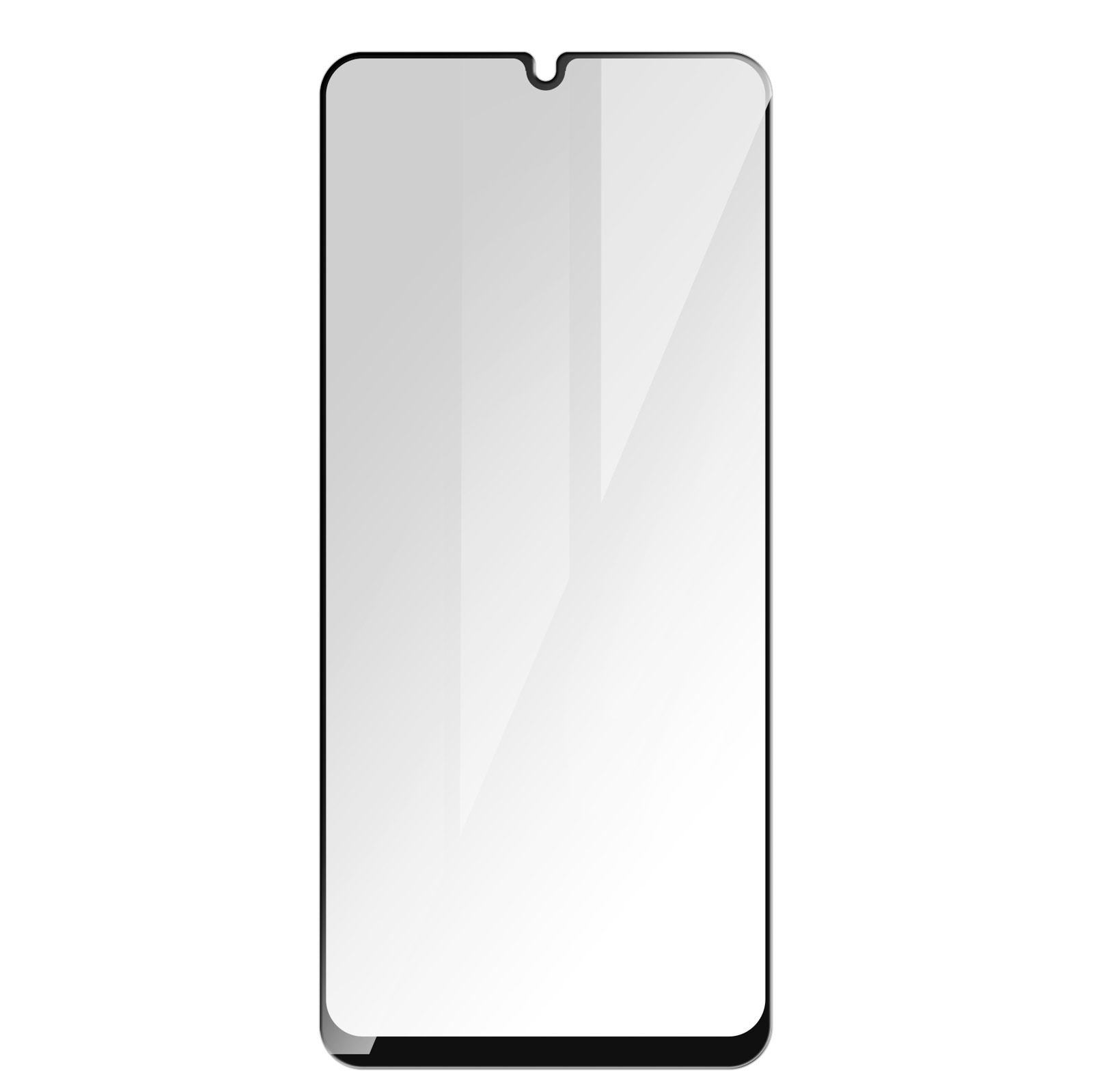 Un proteggi schermo per smartphone. È rettangolare, con angoli arrotondati e un notch in alto. Bordo nero, interno bianco.