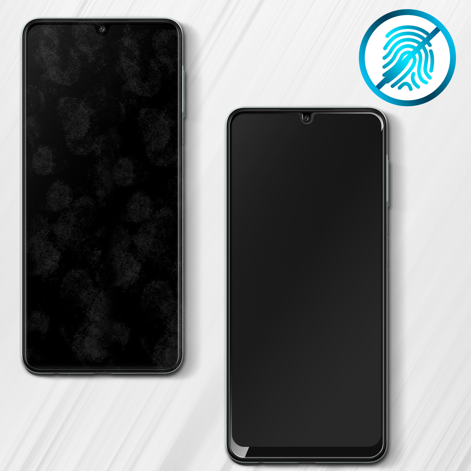 Due smartphone neri. Uno coperto di impronte digitali. L'altro pulito. Simbolo senza impronte digitali sullo sfondo.