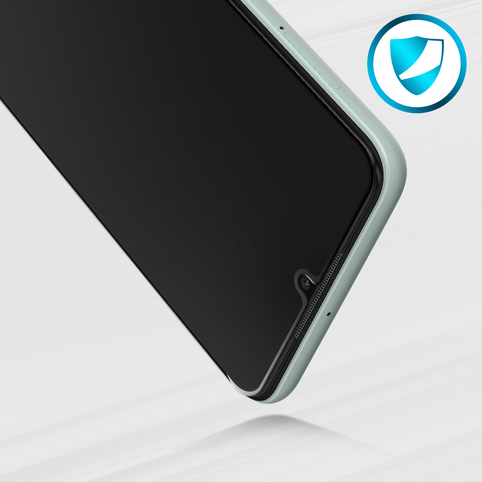 Uno smartphone con schermo nero e cornice verde chiaro. Un'icona a scudo in alto a destra.