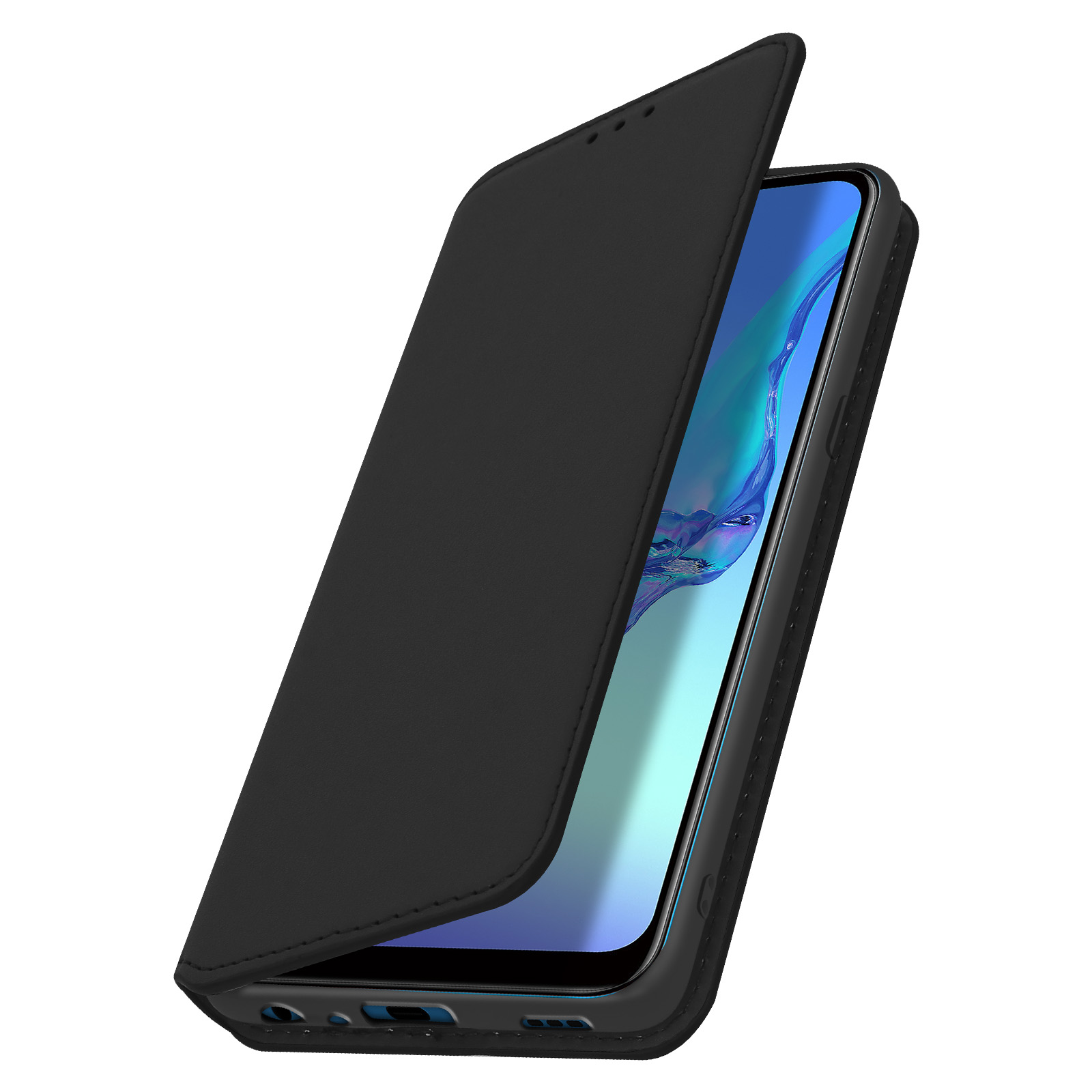 Een zwarte telefoonhoes is open, met een scherm met een blauwe achtergrond.