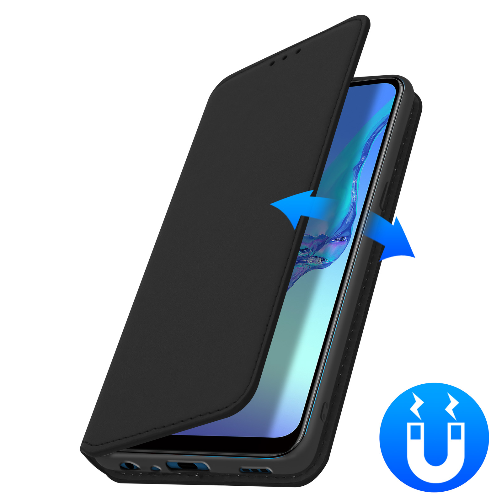 Zwarte telefoonhoes met een telefoon erin. Hoes opent met blauwe pijlen en een magneetsymbool.