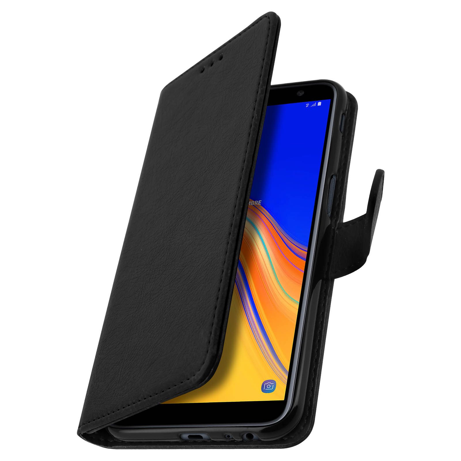 Smartphone nero in custodia in pelle nera, aperto. Lo schermo mostra uno sfondo colorato.