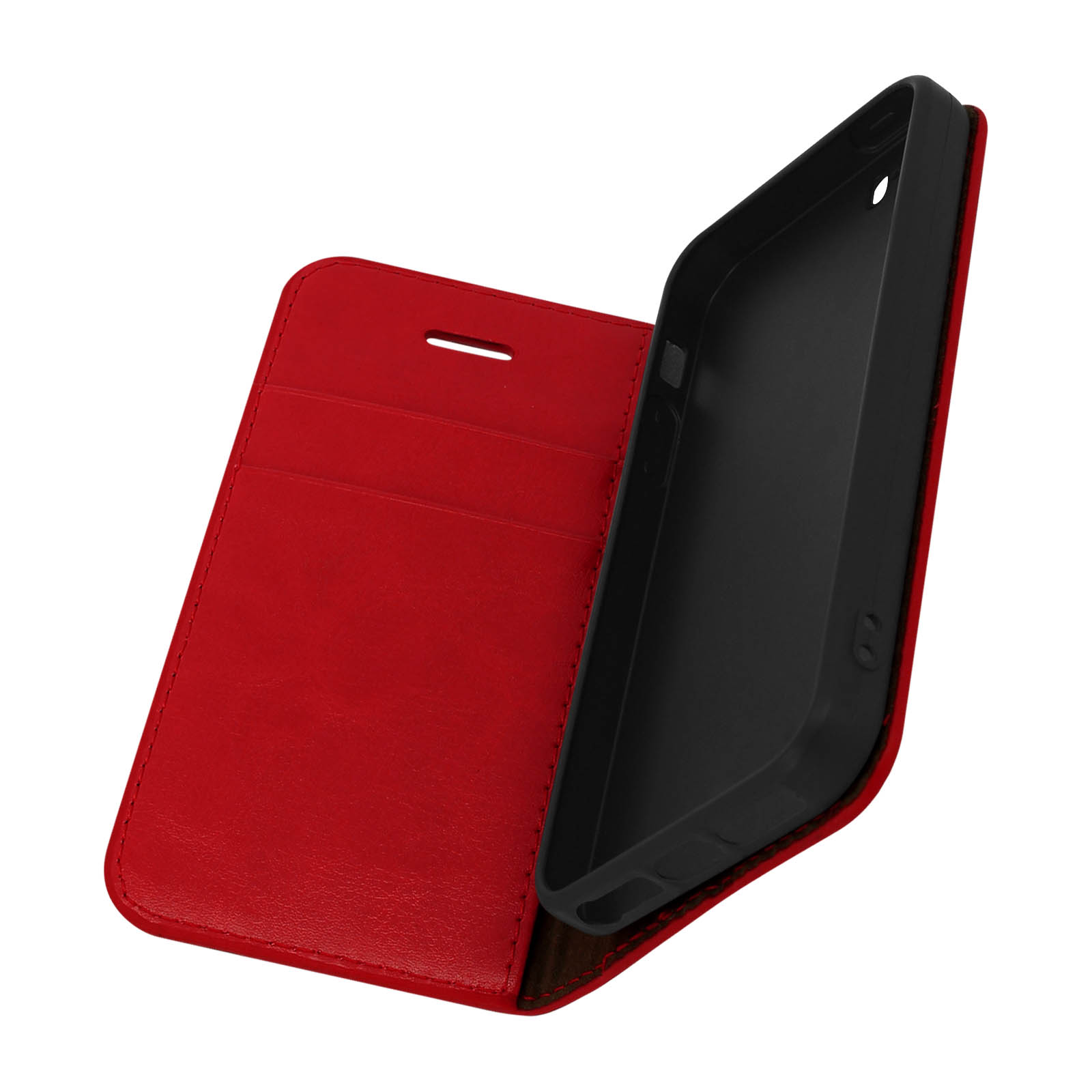 Custodia rossa con interno nero. Aperta, rivela l'interno del telefono.