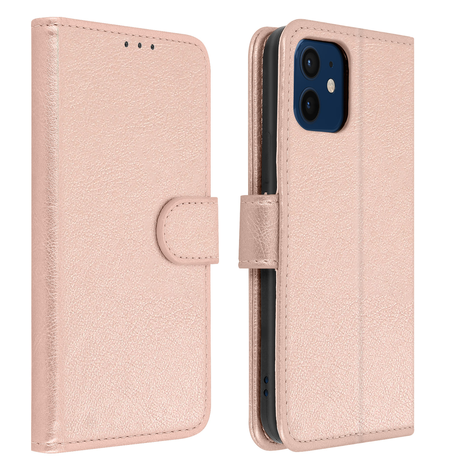 Una custodia per telefono rosa con un telefono all'interno, su sfondo bianco.