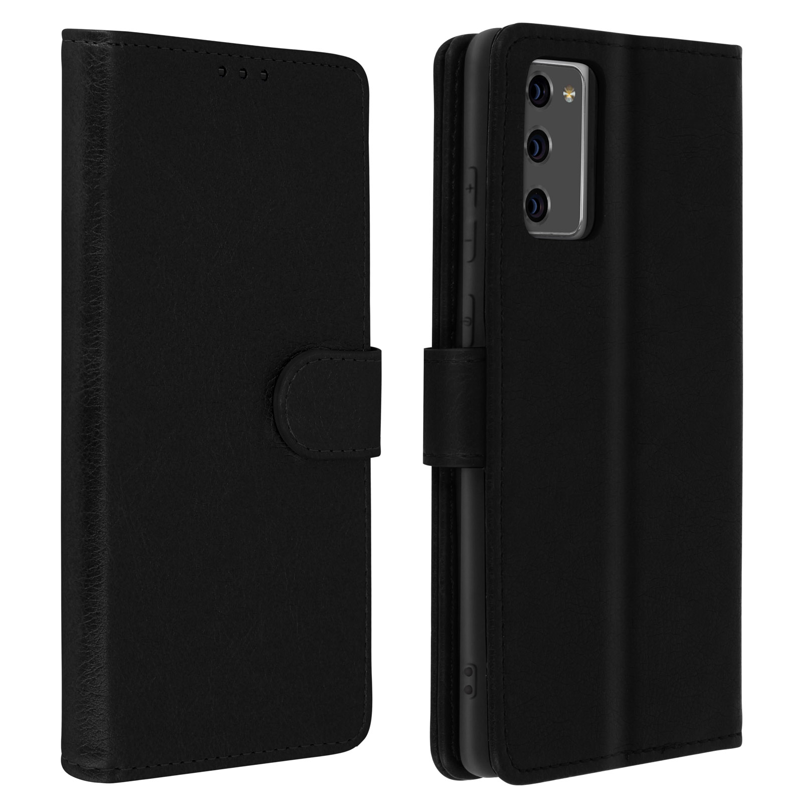 Una custodia per telefono in pelle nera, chiusa. Ha una chiusura magnetica e un bottone.
