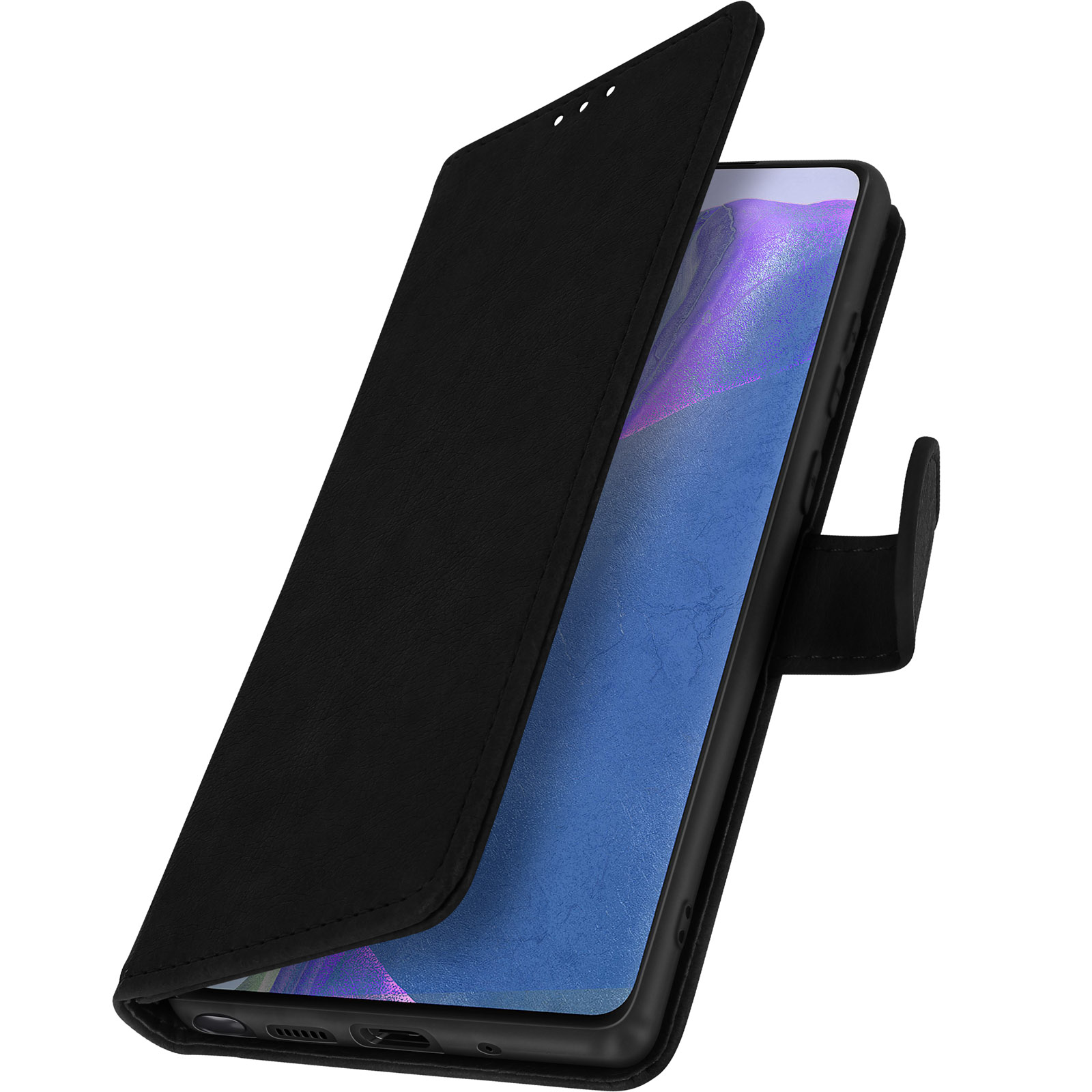 Telefono nero in una custodia nera, parzialmente aperto. Lo schermo del telefono è visibile. La custodia è angolata.