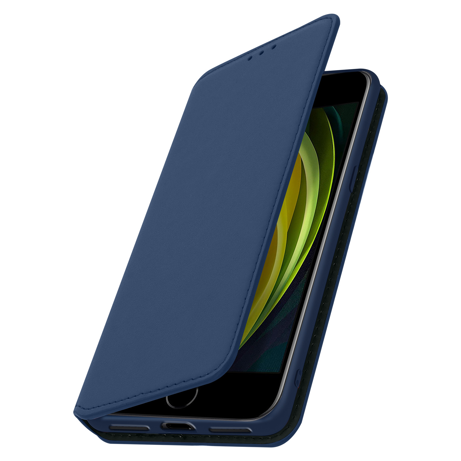 Smartphone in blauwe foliohoes, open. Zwarte telefoon binnenin, tegen een donkerblauwe hoes.