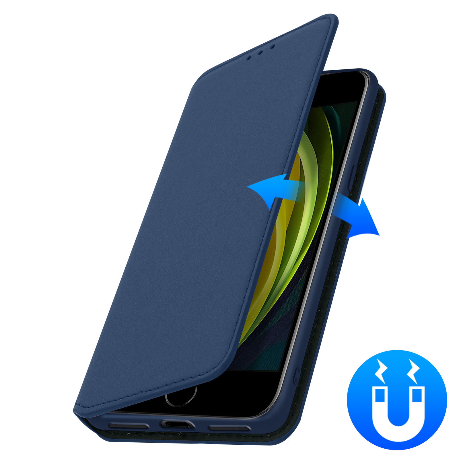 Blauwe telefoonhoes met een telefoon erin, blauwe pijlen en een magneetsymbool duiden op magnetische sluiting.