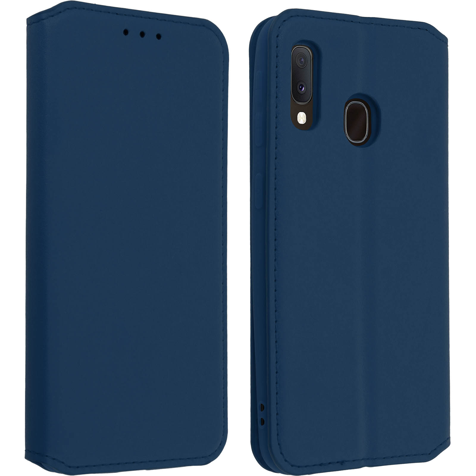Donkerblauwe telefoonhoes, gesloten, houdt een telefoon aan de rechterkant. Zonder telefoon.