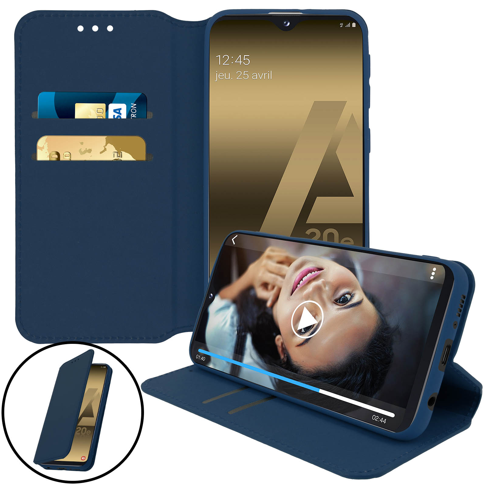 Blauwe telefoonhoes open met telefoon die een video toont en creditcardvakjes.