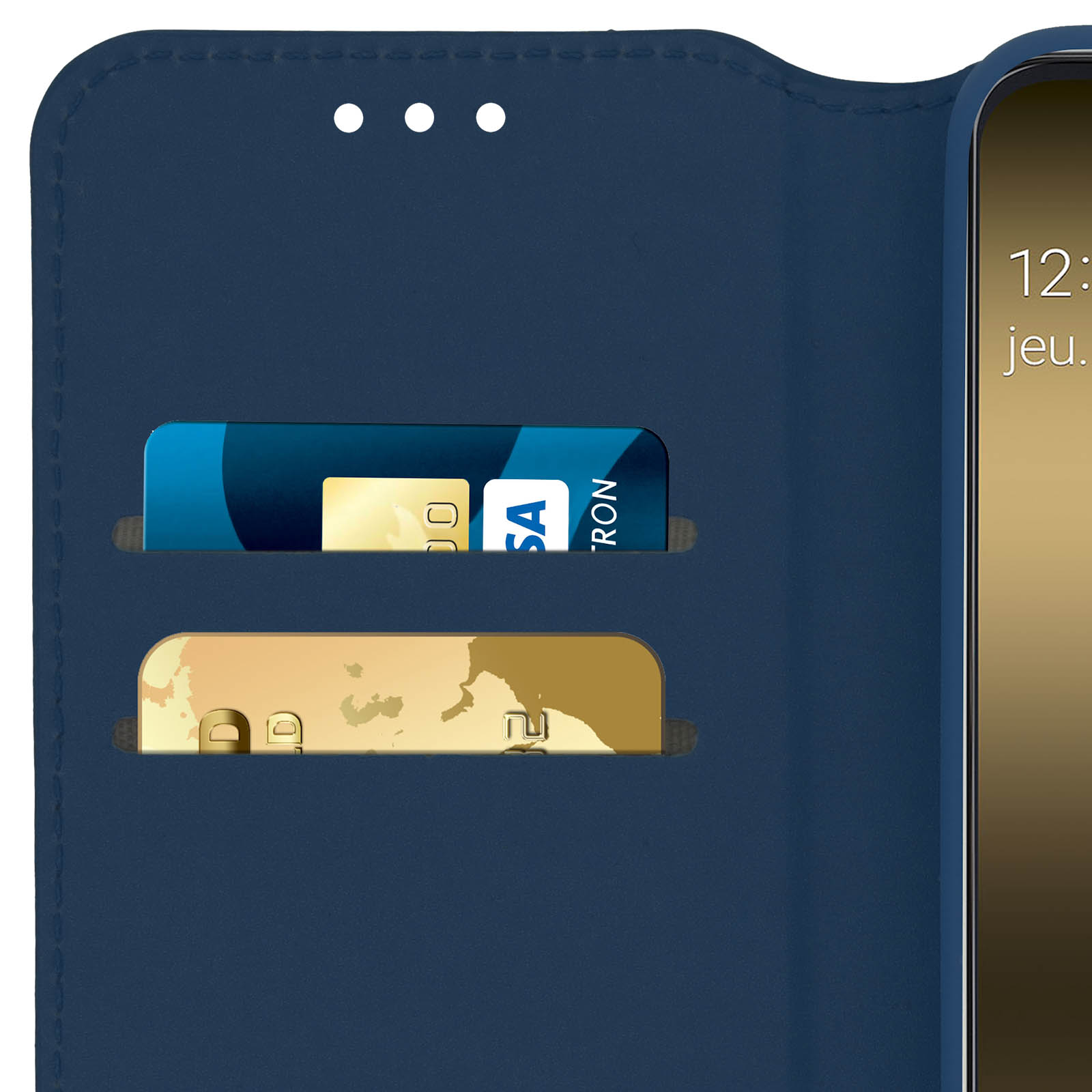Blauwe telefoonhoes met kaartsleuven, met een creditcard en een gouden kaart.