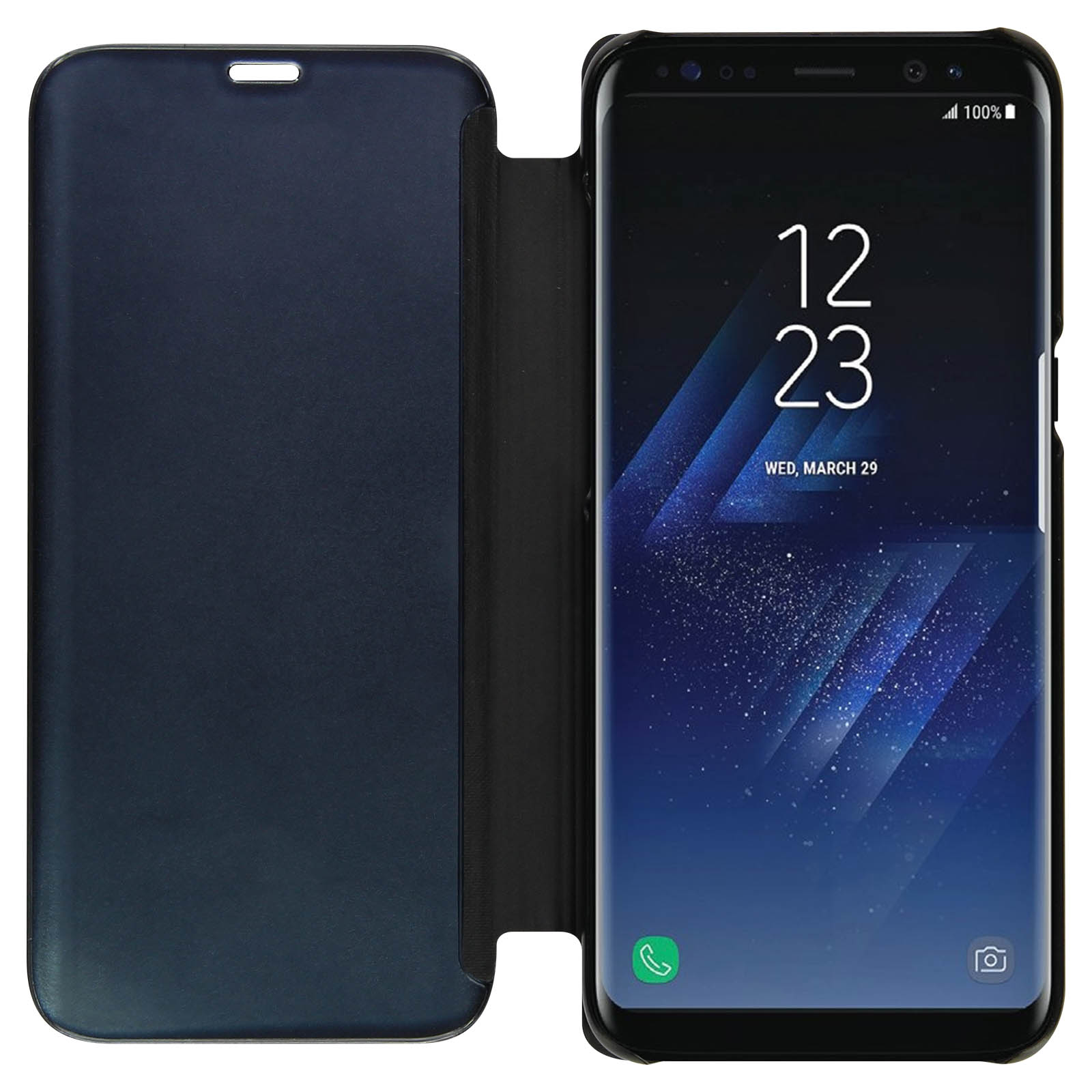 Smartphone in una custodia a portafoglio blu scuro, mostra l'ora e la data sullo schermo. La custodia è aperta.
