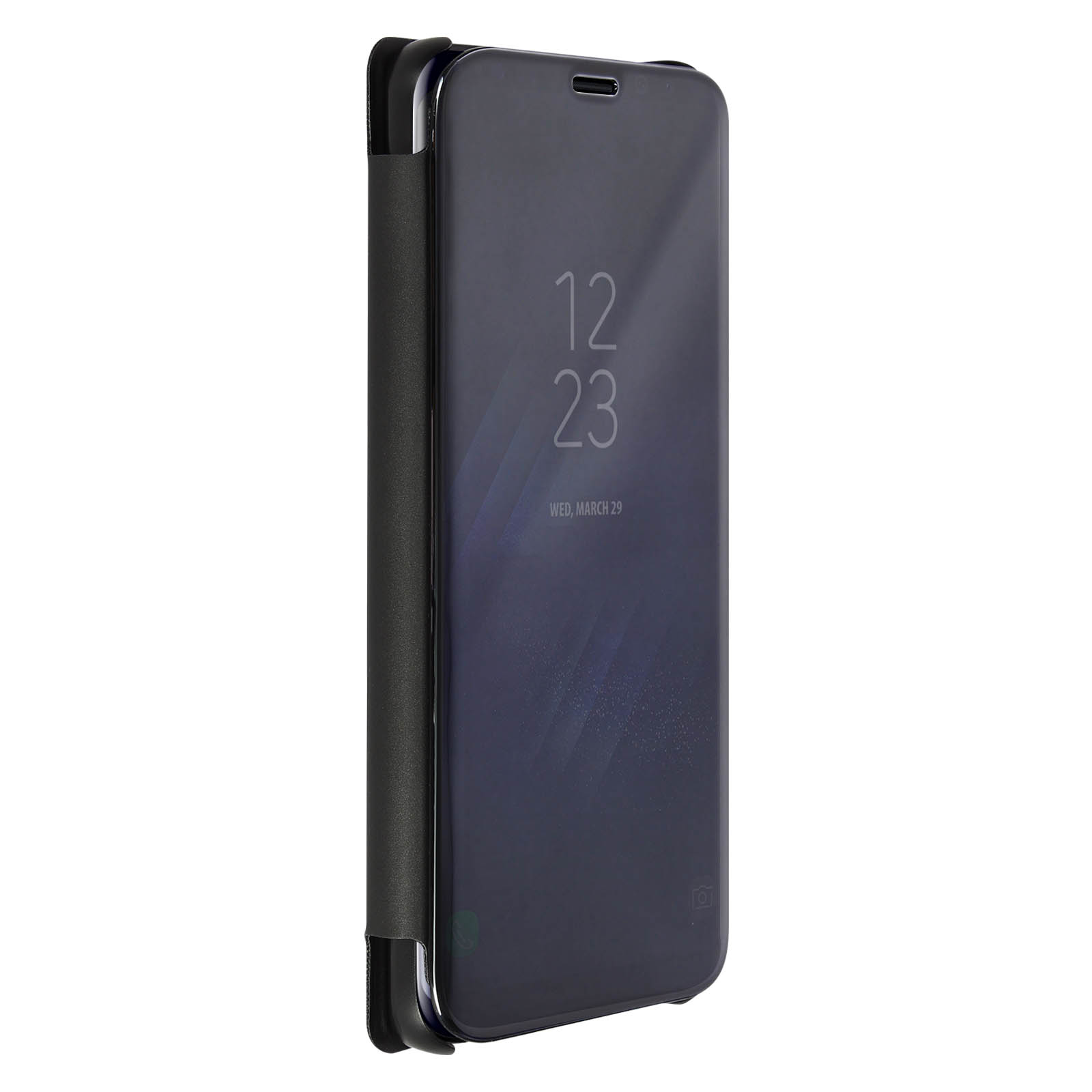 Custodia per smartphone nera con copertura frontale trasparente che mostra l'ora. Il telefono è verticale.