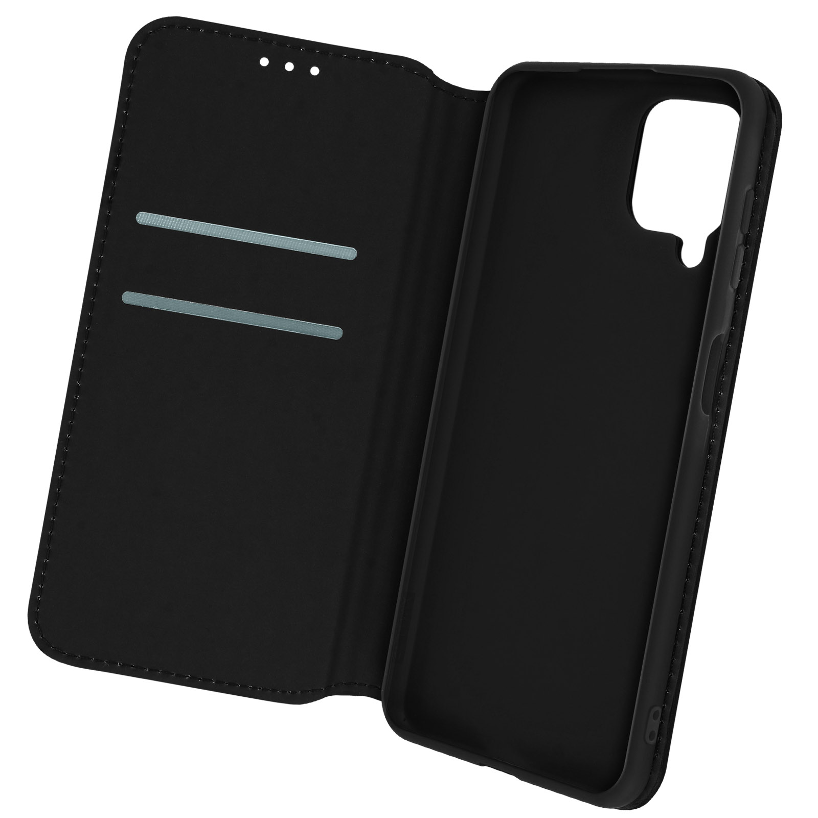 Un étui de téléphone noir, ouvert, avec un téléphone à l'intérieur. L'étui a des fentes pour cartes et est en studio.