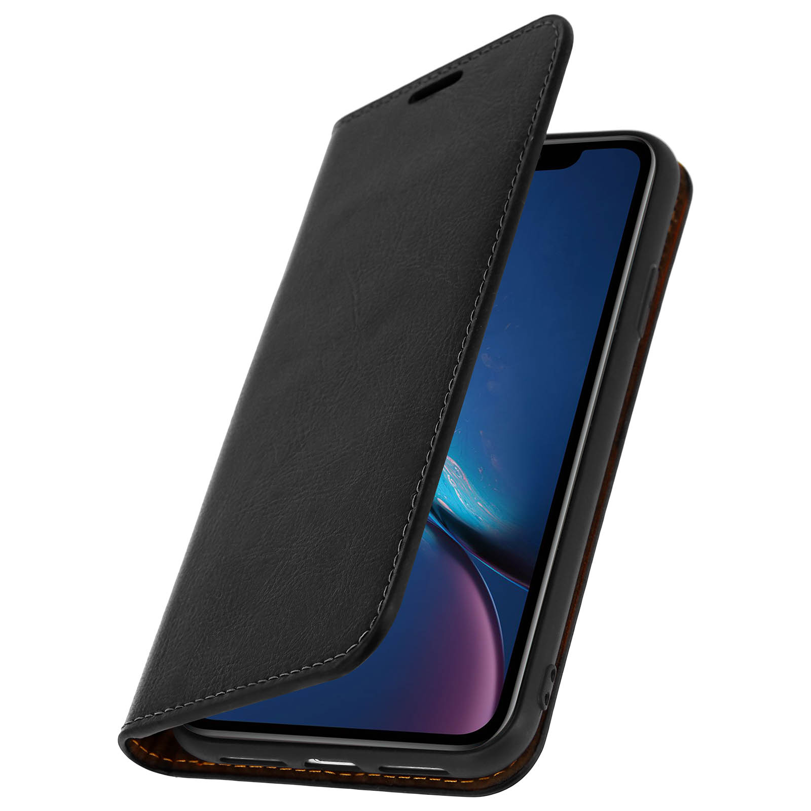 Custodia nera per telefono con telefono dentro. La cover è aperta. Cuciture bianche visibili.