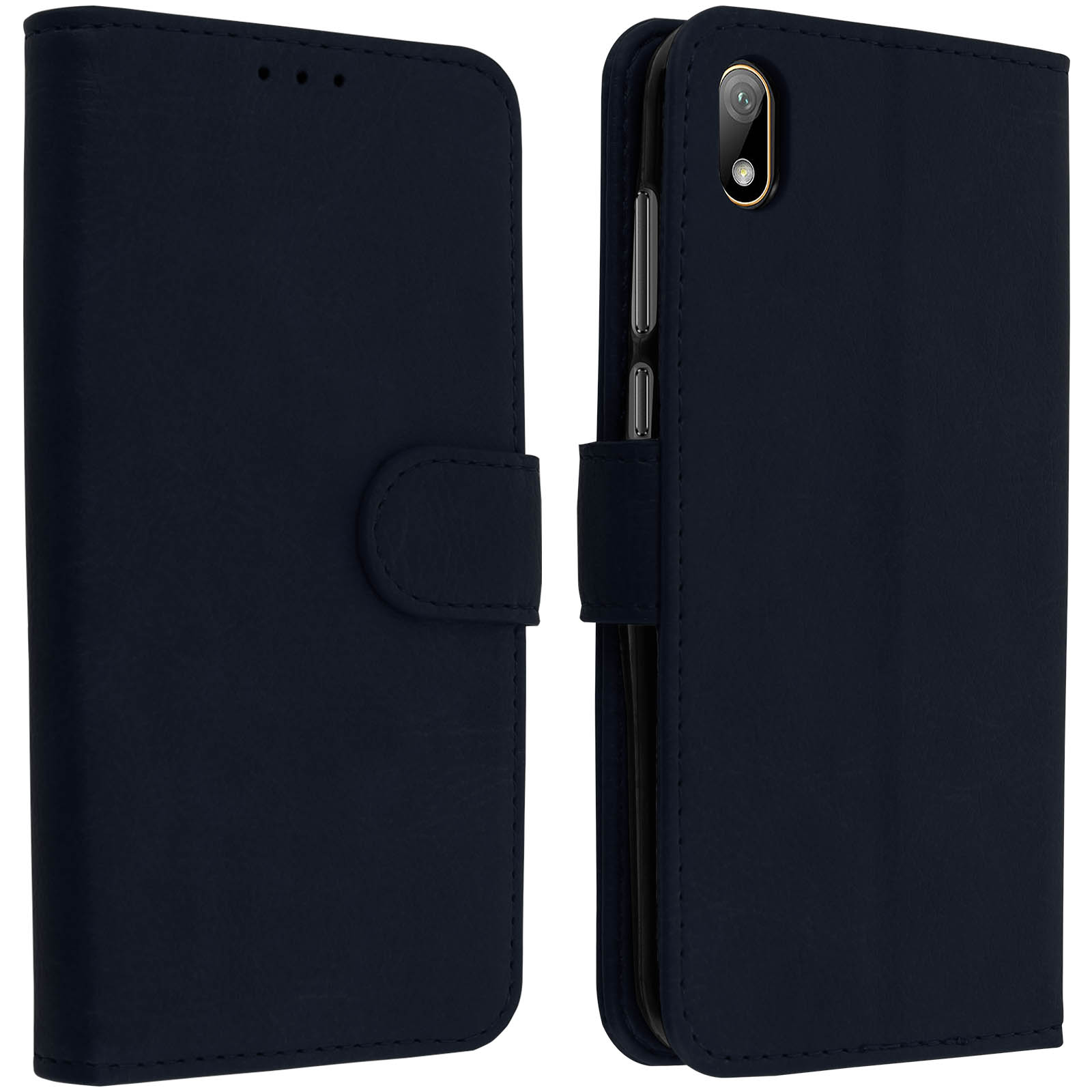 Custodia blu navy, aperta. Custodia e telefono blu navy. Interno nero.