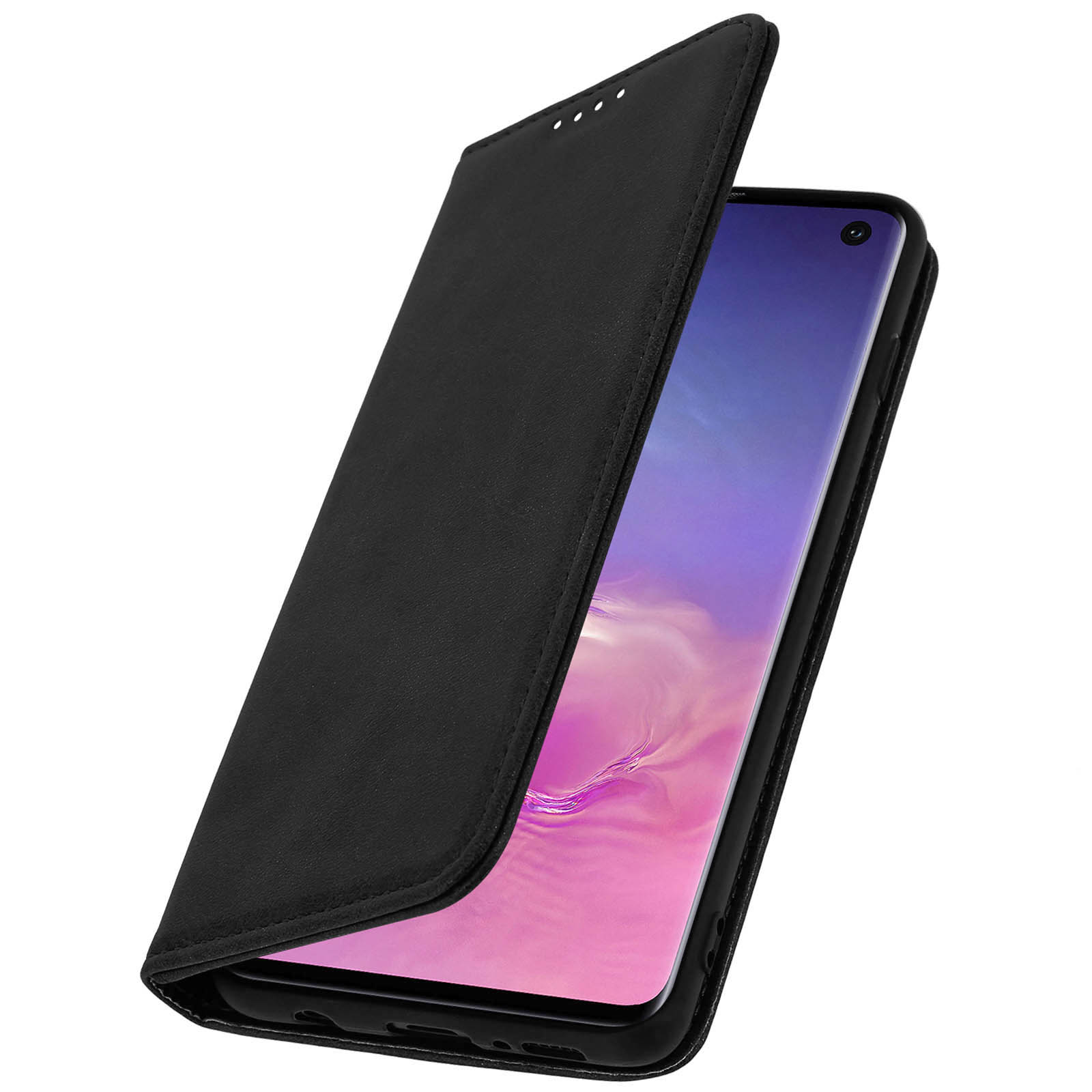 Una custodia nera per telefono aperta, che rivela uno schermo del telefono con una sfumatura viola e rosa.