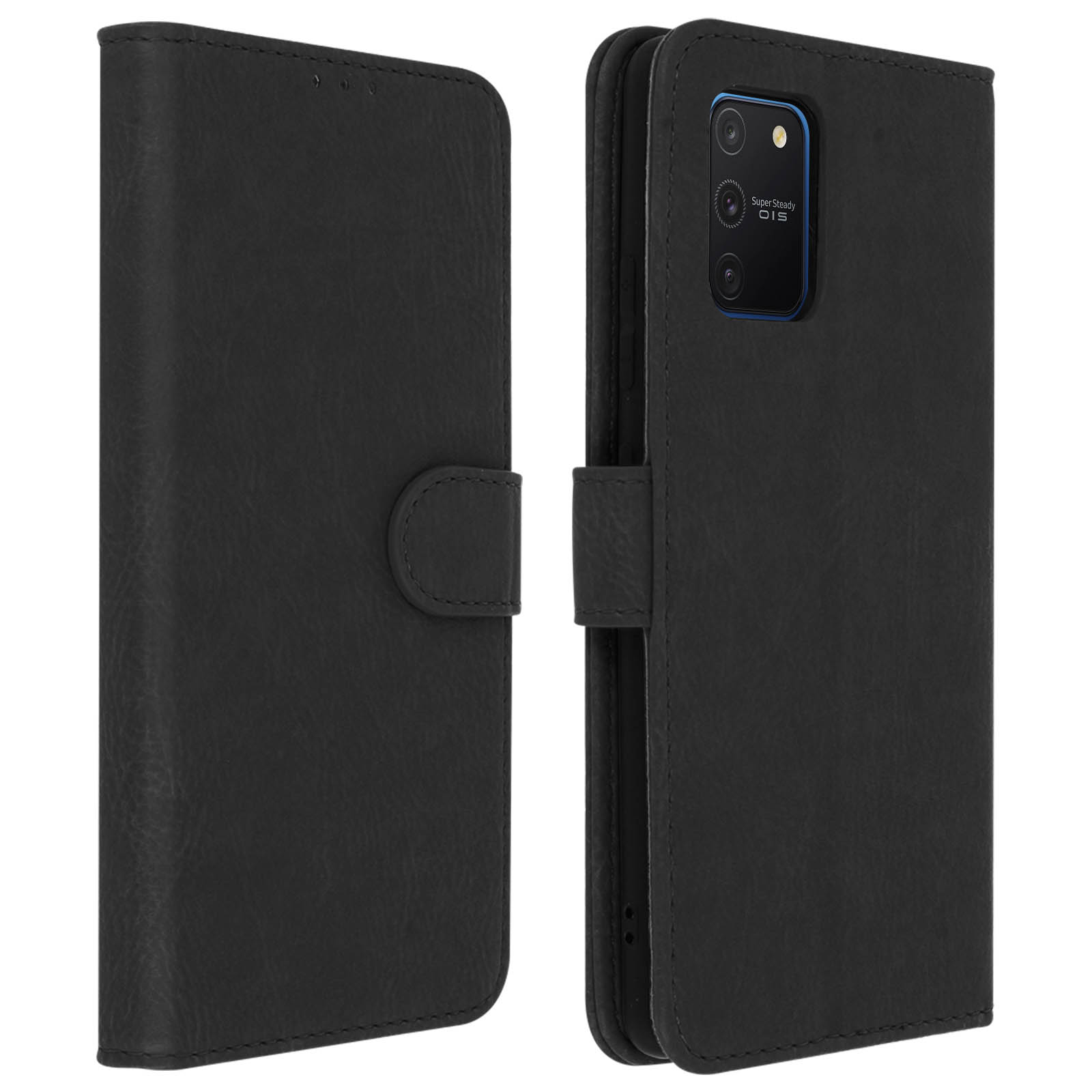 Smartphone nero con protezione schermo. Lo schermo mostra uno sfondo colorato.