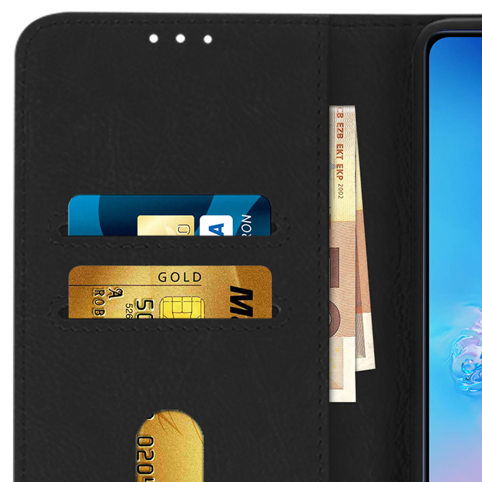 Custodia nera aperta, con fessure per carte di credito e banconote euro.