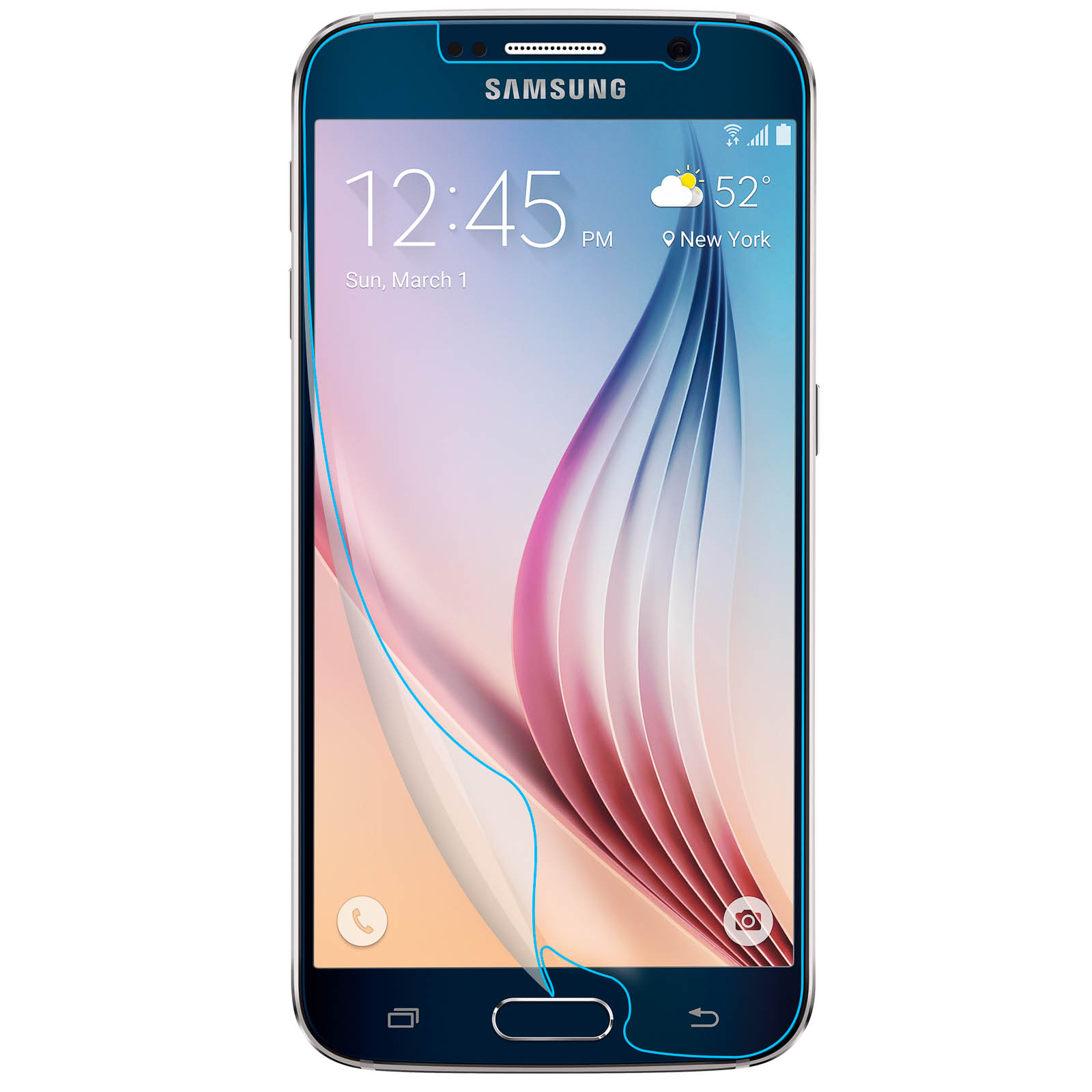 Un telefono Samsung blu con protezione schermo che mostra ora e meteo.