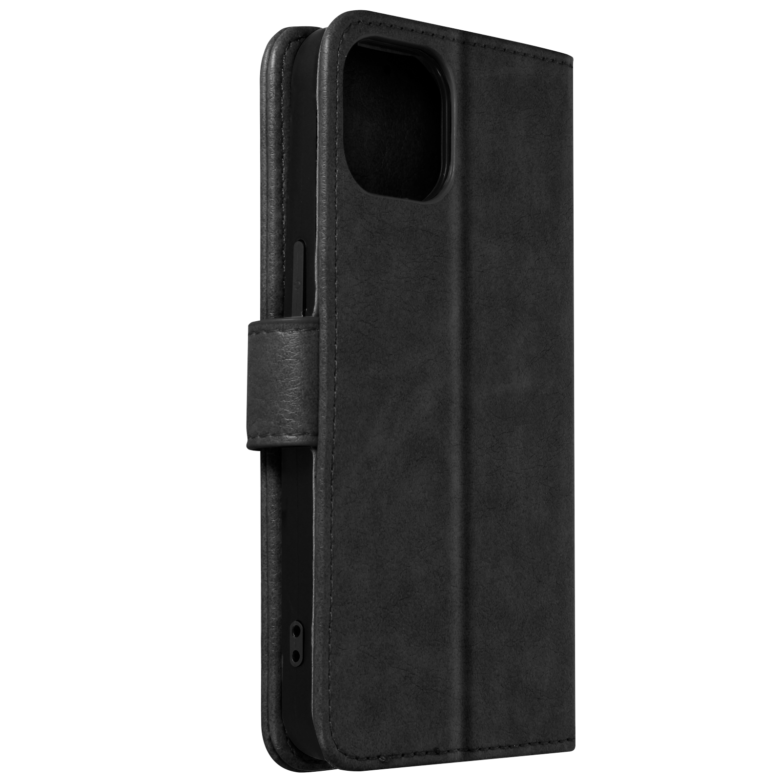 Étui de téléphone en cuir noir, fermé, avec fermoir.