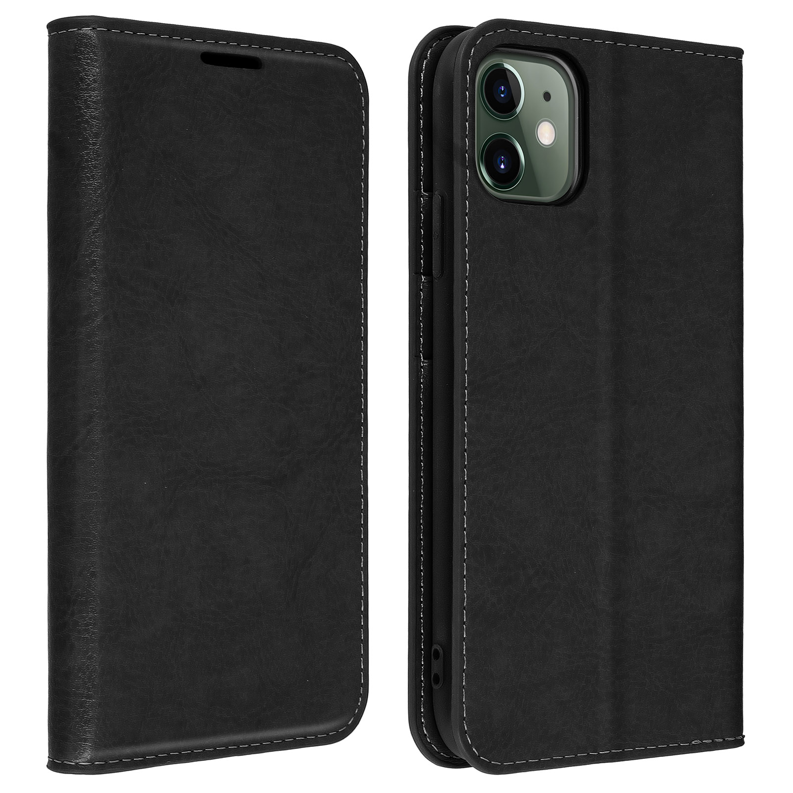 Étui de téléphone en cuir noir, ouvert, montrant le téléphone et l'intérieur.