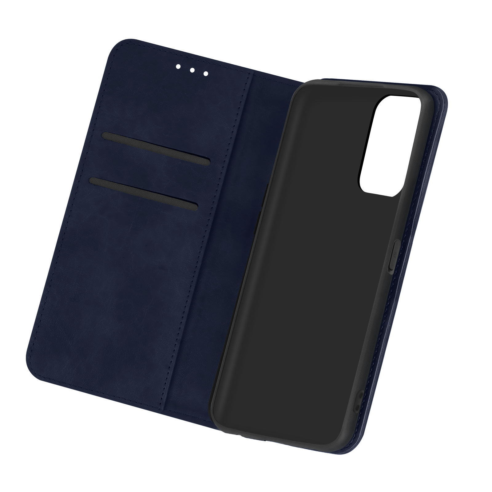 Custodia per telefono in pelle blu. Lato sinistro chiuso. Lato destro aperto con telefono dentro. Telefono nero dentro.