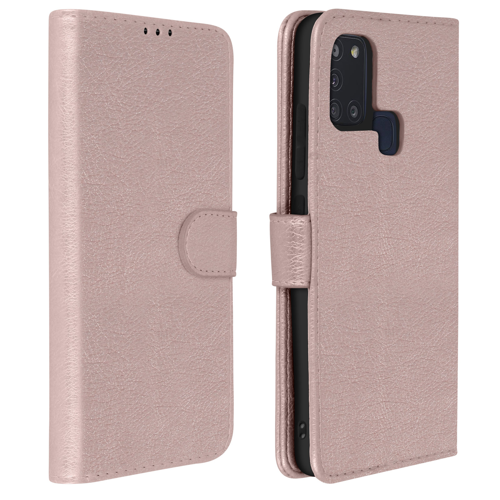 Custodia per telefono rosa, aperta e chiusa. Custodia a portafoglio con chiusura magnetica.