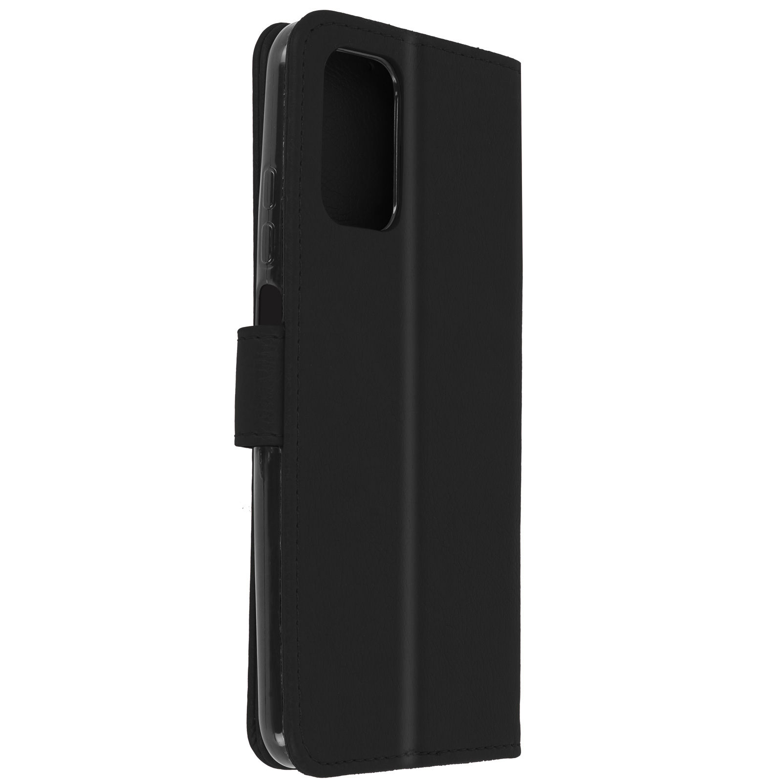 Zwarte telefoonhoes gesloten, met een magnetische sluiting. De achterkant van de telefoon is zichtbaar.