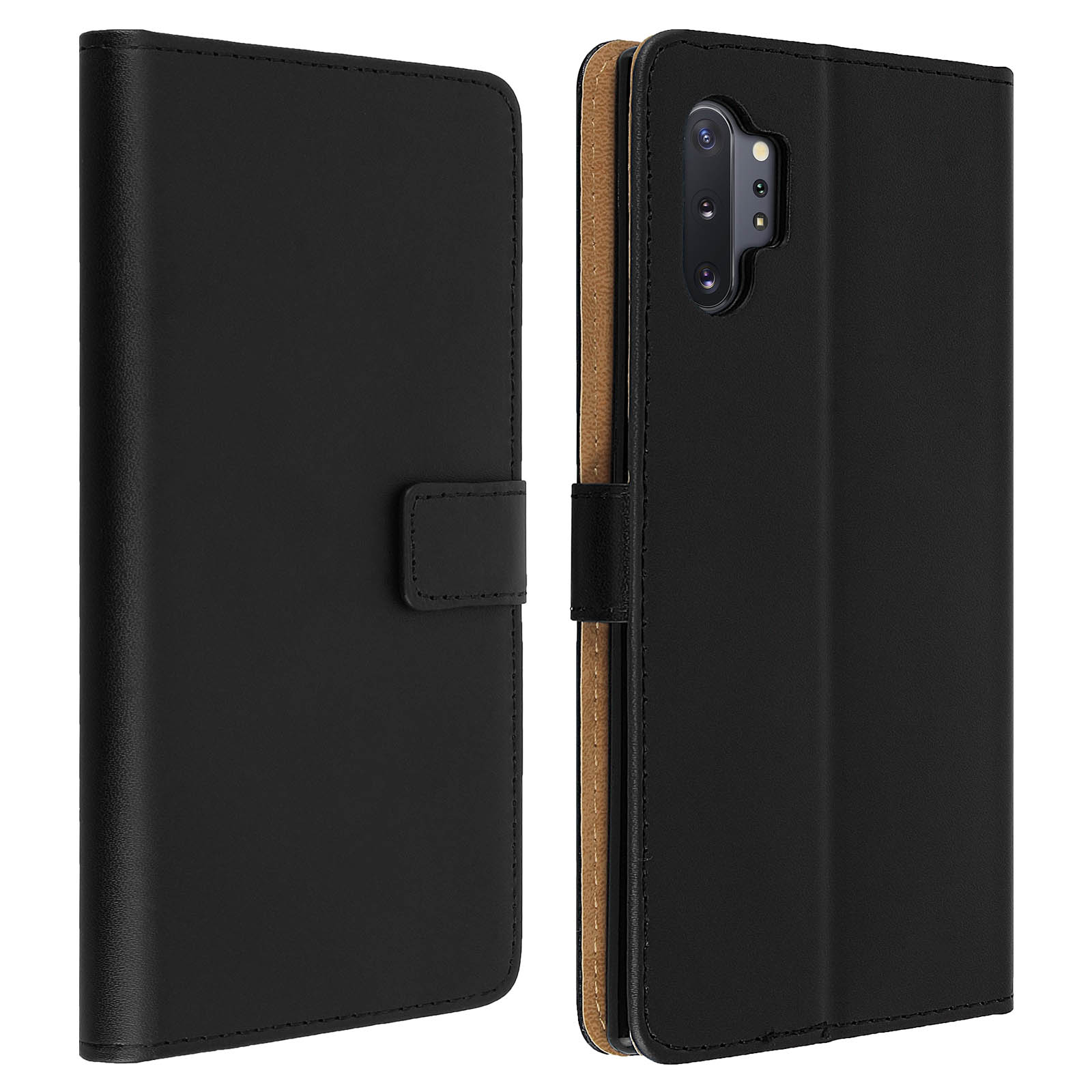 Zwarte telefoonhoes, open en dicht. Een telefoon is zichtbaar in de open hoes. De hoes heeft een magnetische sluiting.
