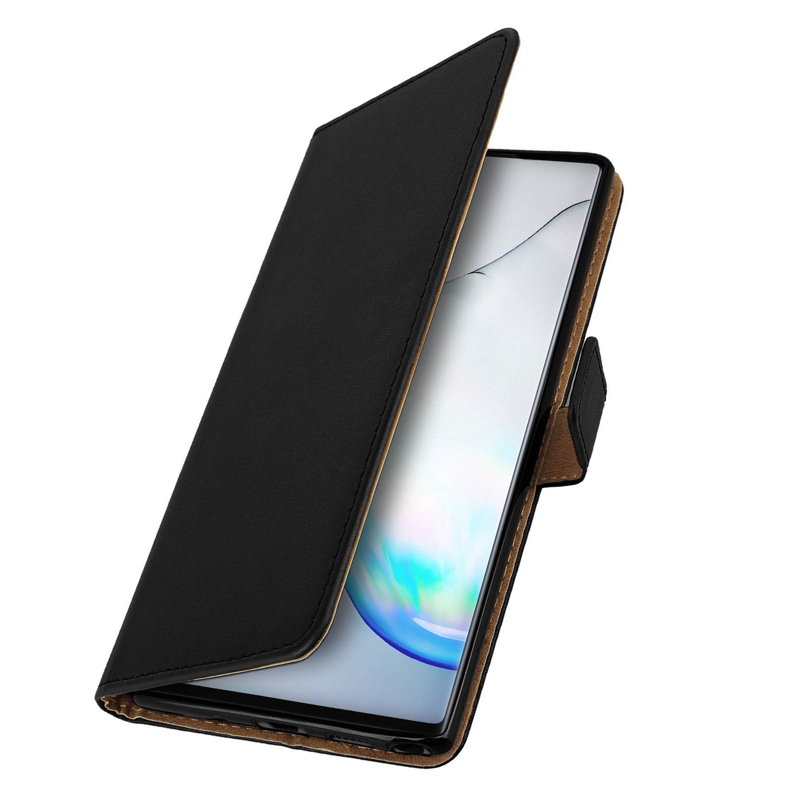 Een zwarte telefoonhoes is open en onthult een telefoon. De hoes ligt op een wit oppervlak.