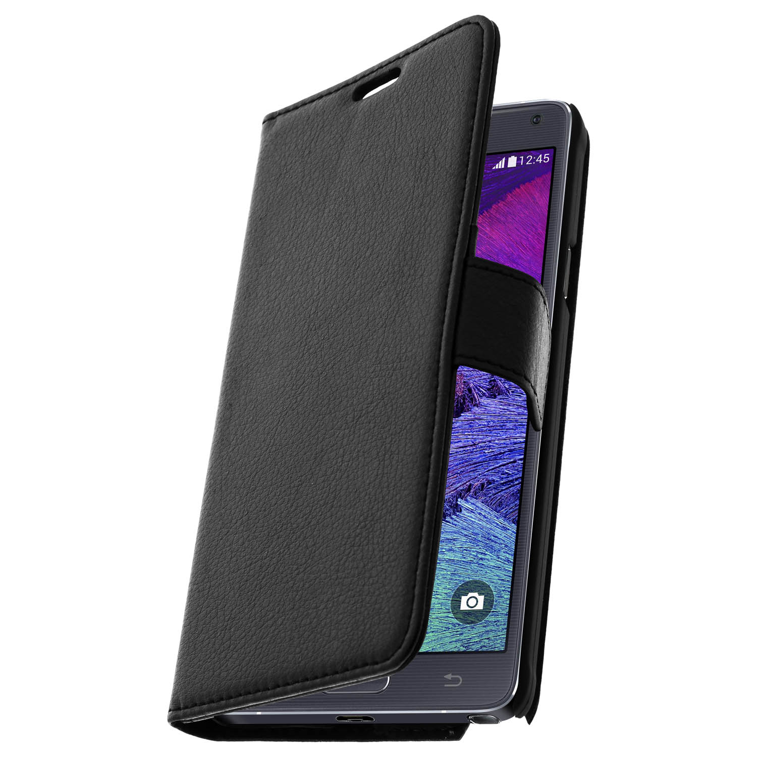 Una funda de teléfono de cuero negro, abierta, con un teléfono dentro. La pantalla del teléfono es visible.