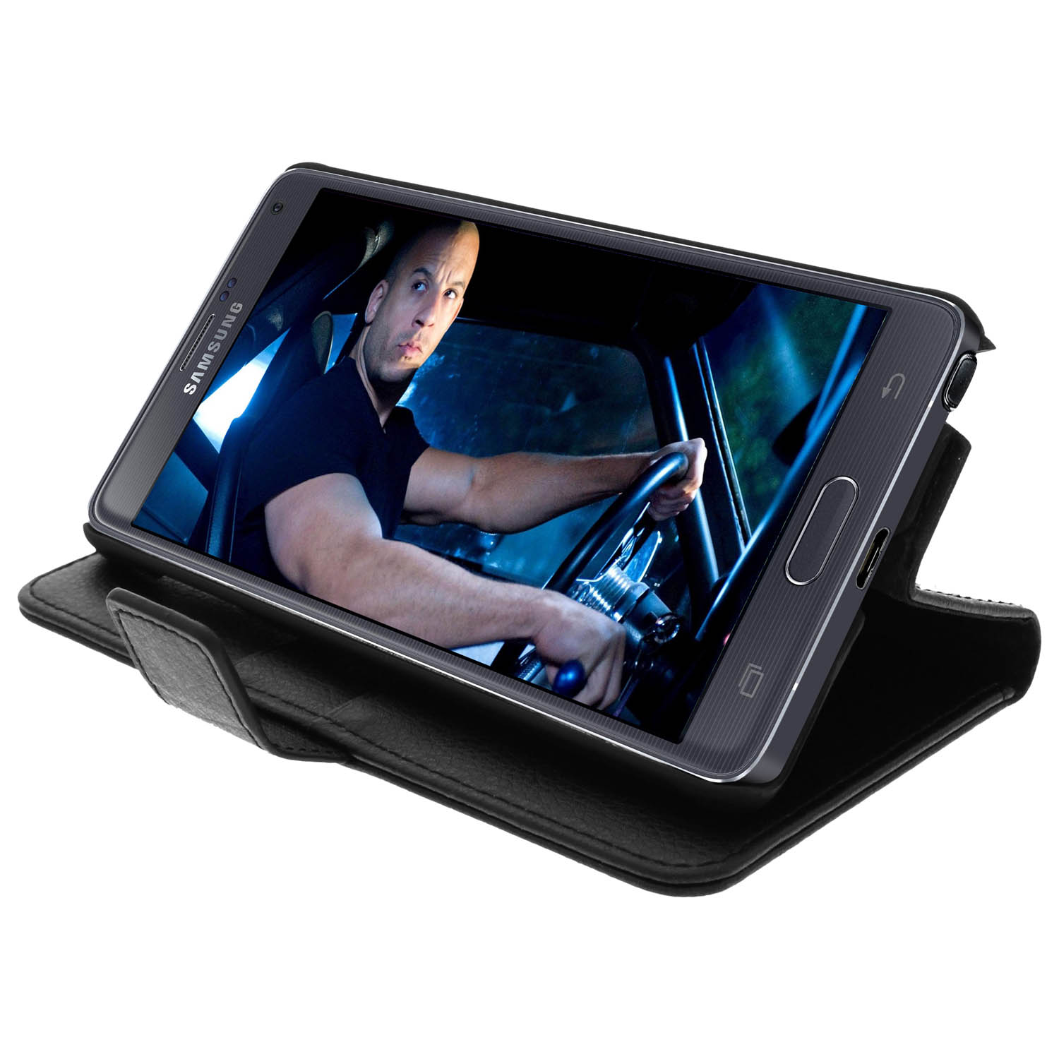 Funda negra para teléfono con un teléfono que muestra una escena de película con Vin Diesel conduciendo.