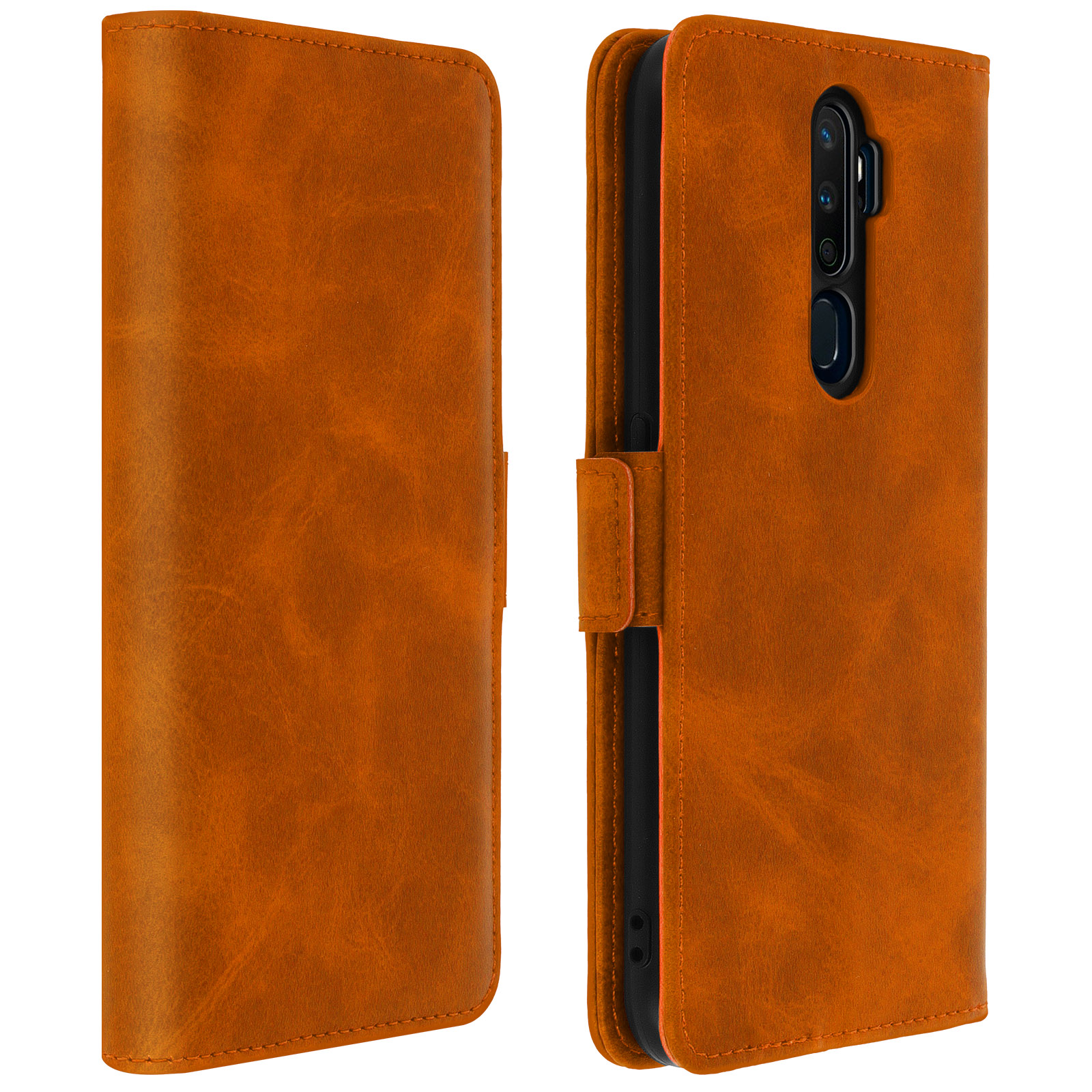 Deux étuis de téléphone marron, dont un ouvert, révélant l'arrière du téléphone et l'intérieur de l'étui.