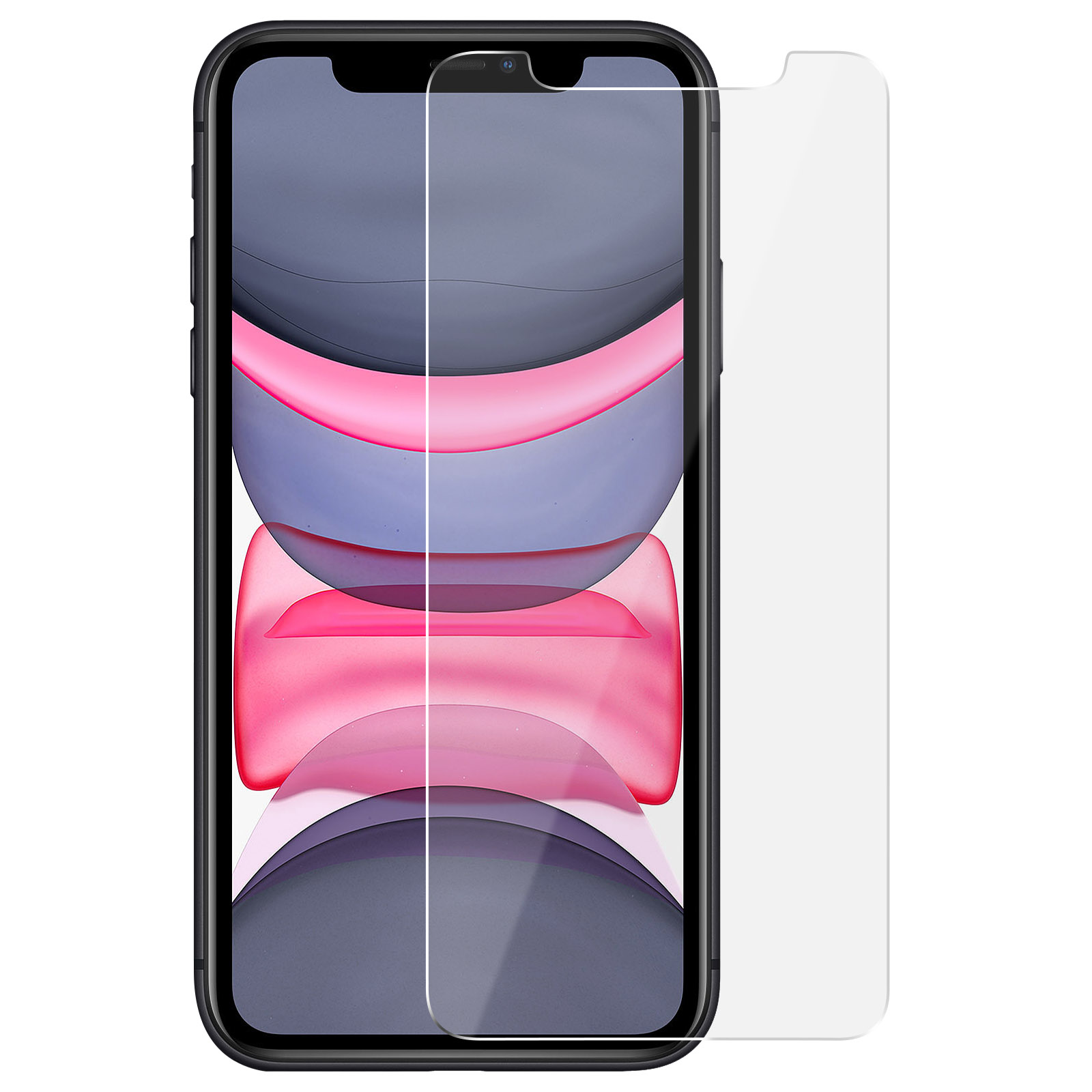 A smartphone with a screen protector applied, shown against a white background. The screen is black.