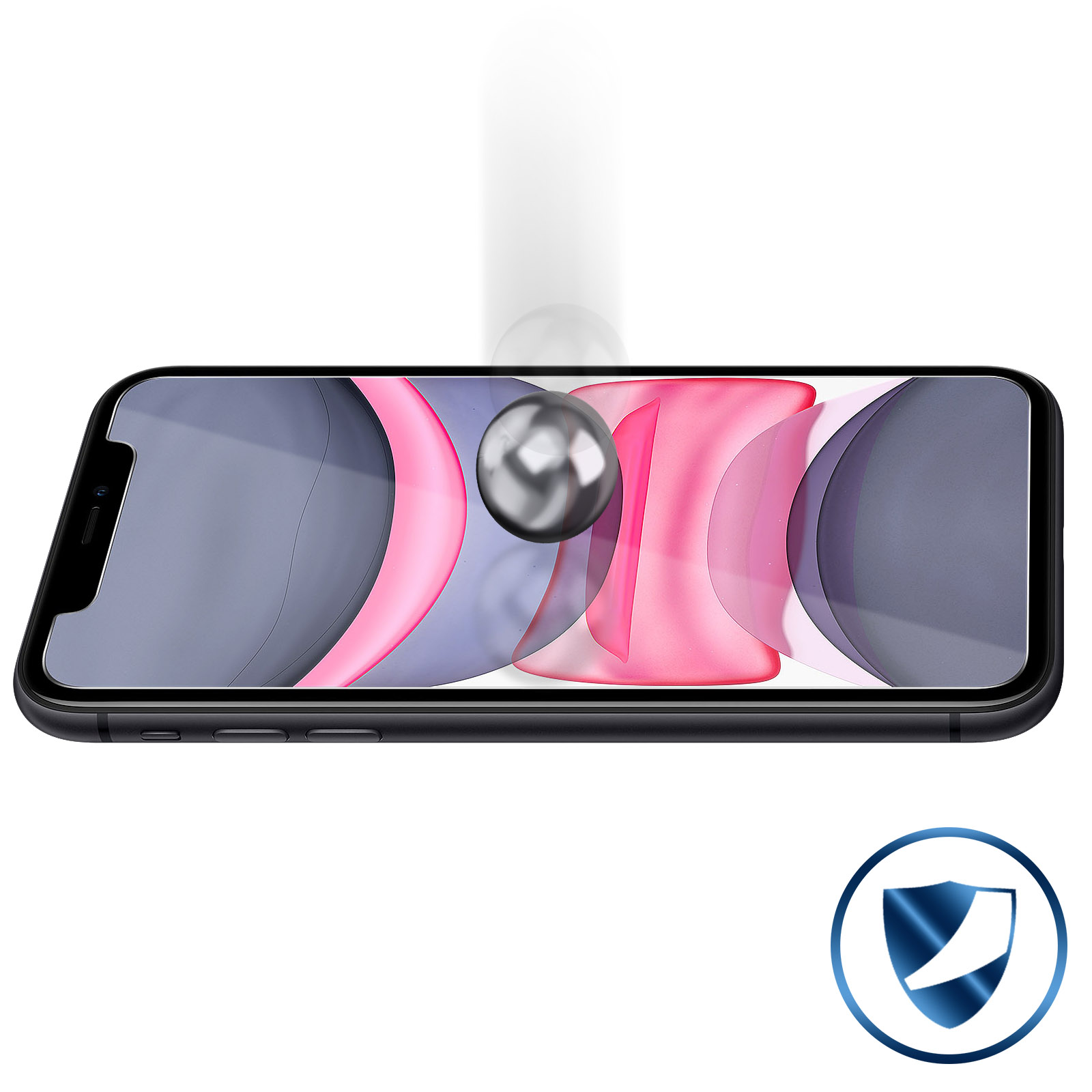 Phone with screen protector, a metal ball falling on the screen. Shield icon.