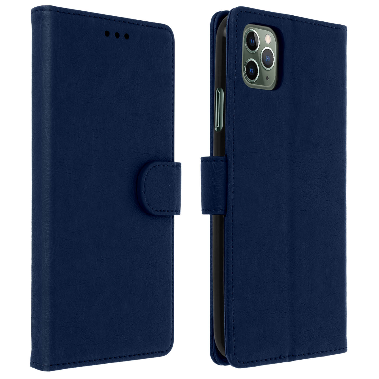 Deux étuis de téléphone bleu foncé, ouverts et fermés. L'ouvert montre le téléphone et l'intérieur de l'étui.
