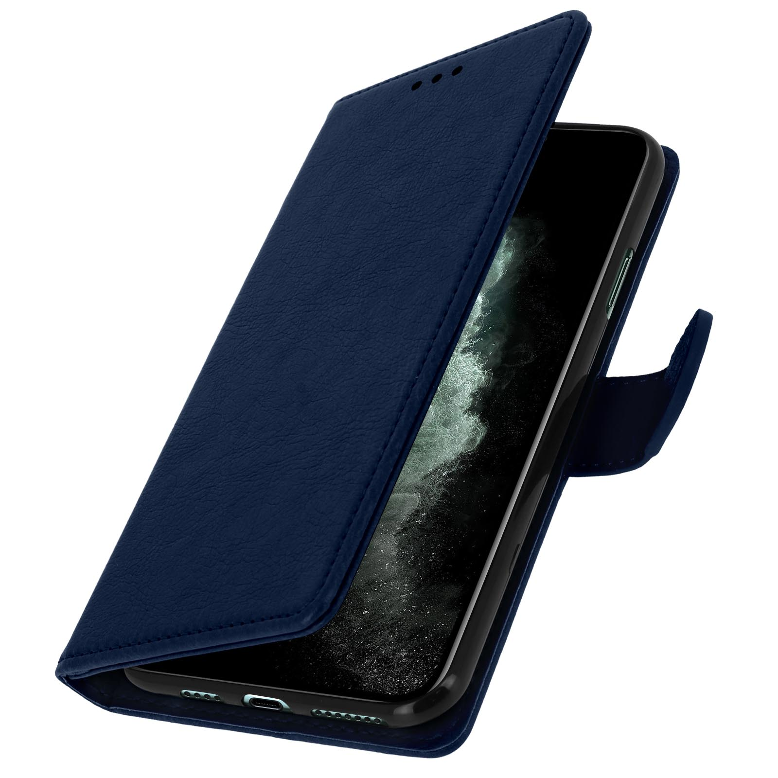 Un étui de téléphone bleu ouvert, révélant un téléphone. L'écran est visible.