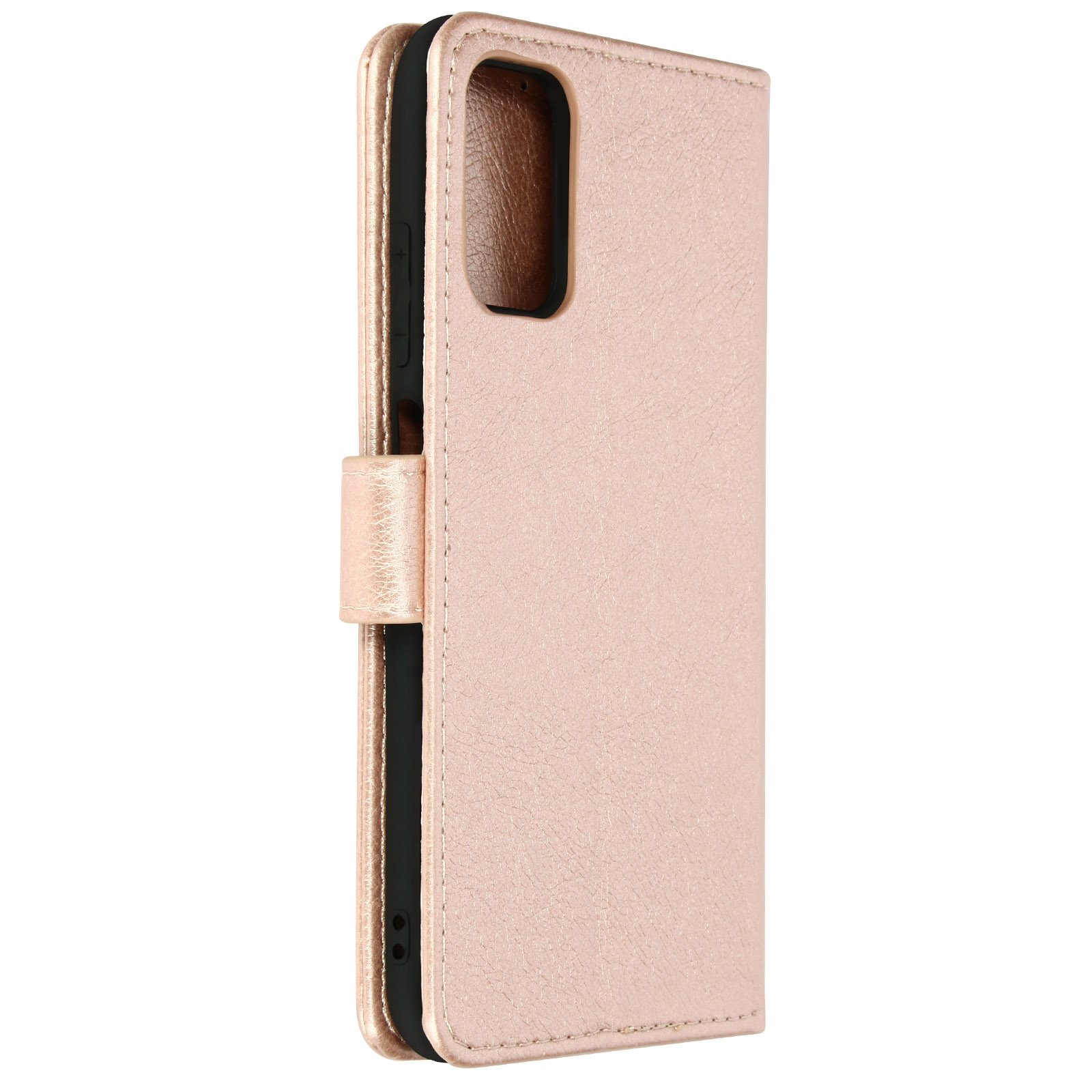 Custodia per telefono oro rosa chiusa. Interno nero. Primo piano.