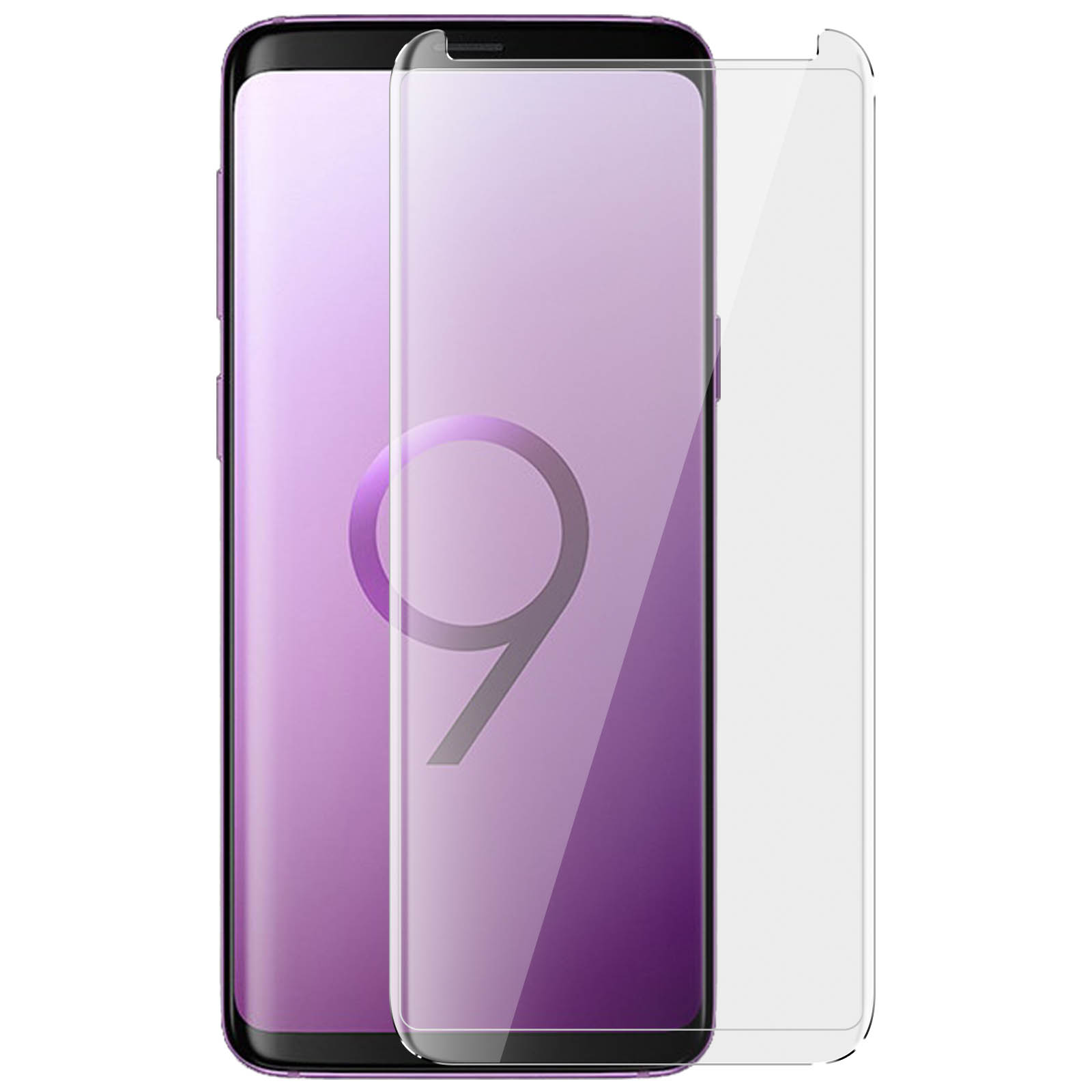 Telefono viola con protezione schermo. Telefono viola con schermo curvo. Protezione schermo trasparente a destra.