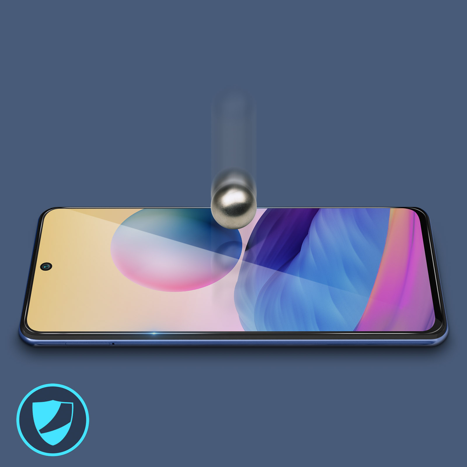 Telefono con protezione schermo, una palla che cade sopra, sfondo blu con uno scudo.