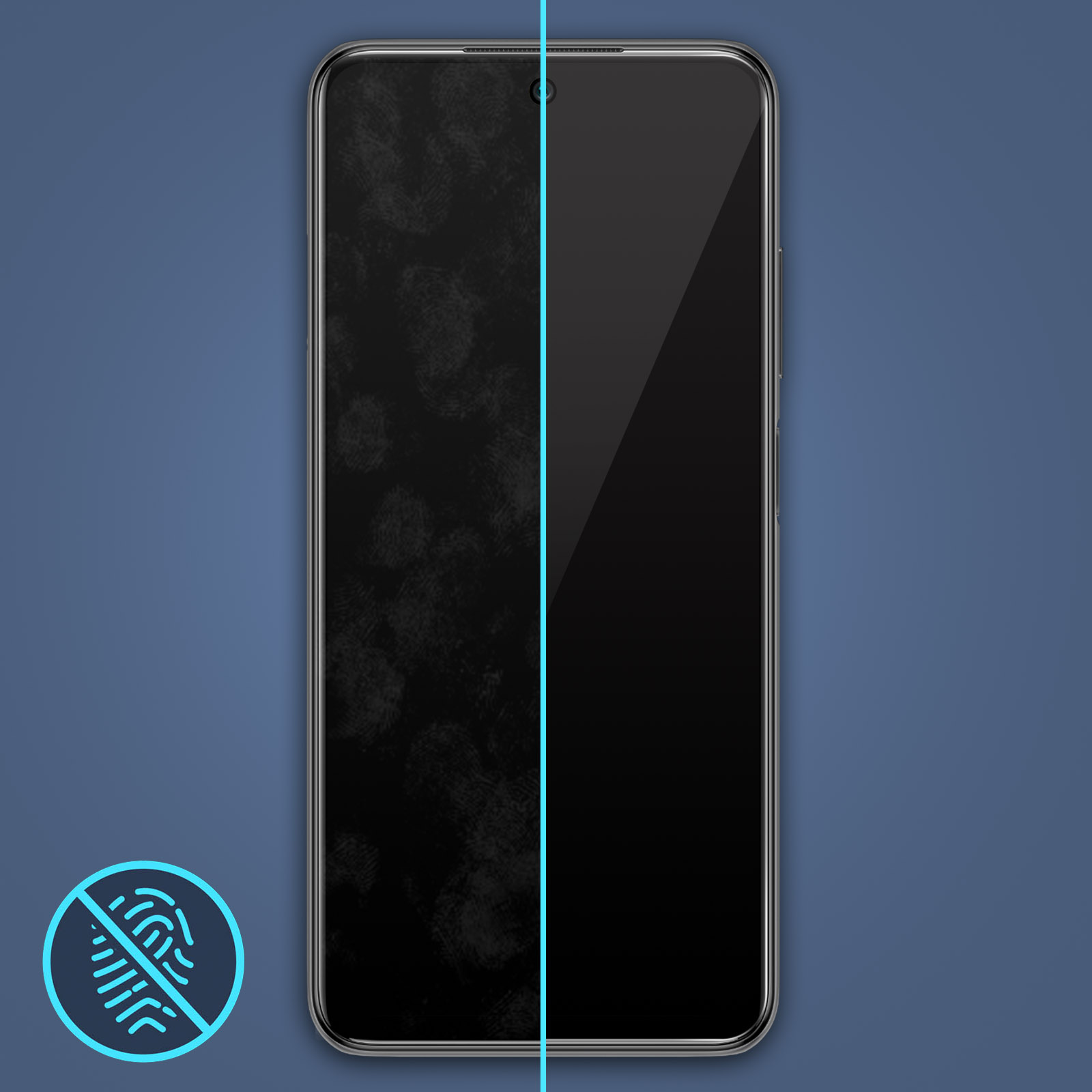 Smartphone con protezione schermo. Un lato pulito, l'altro con impronte digitali. Sfondo blu.