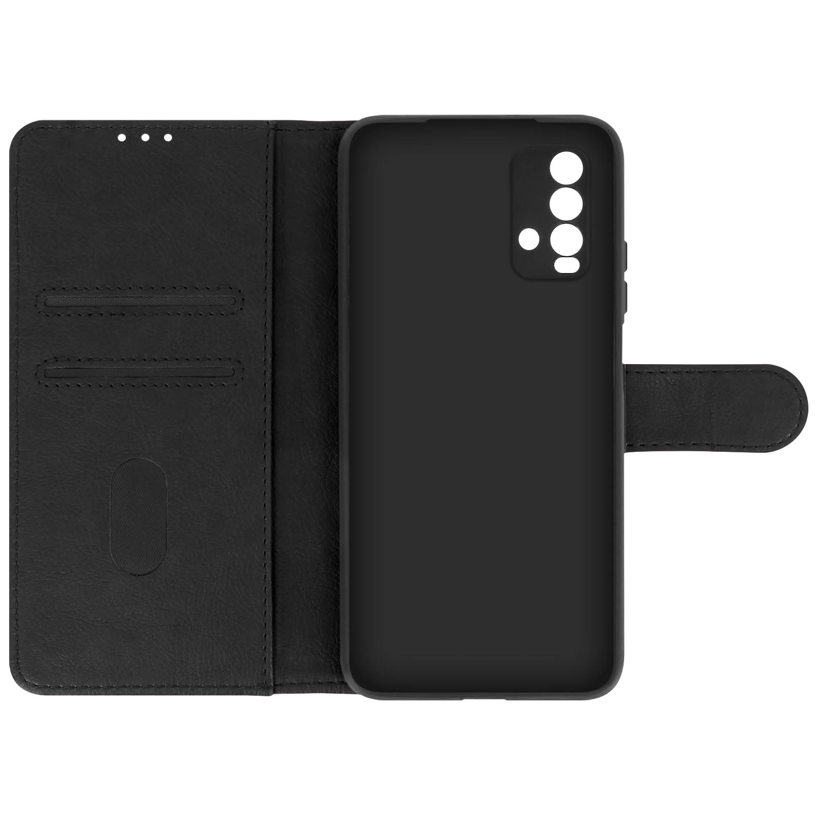 Coque de téléphone noire ouverte, révélant un téléphone avec trois caméras et un intérieur noir.