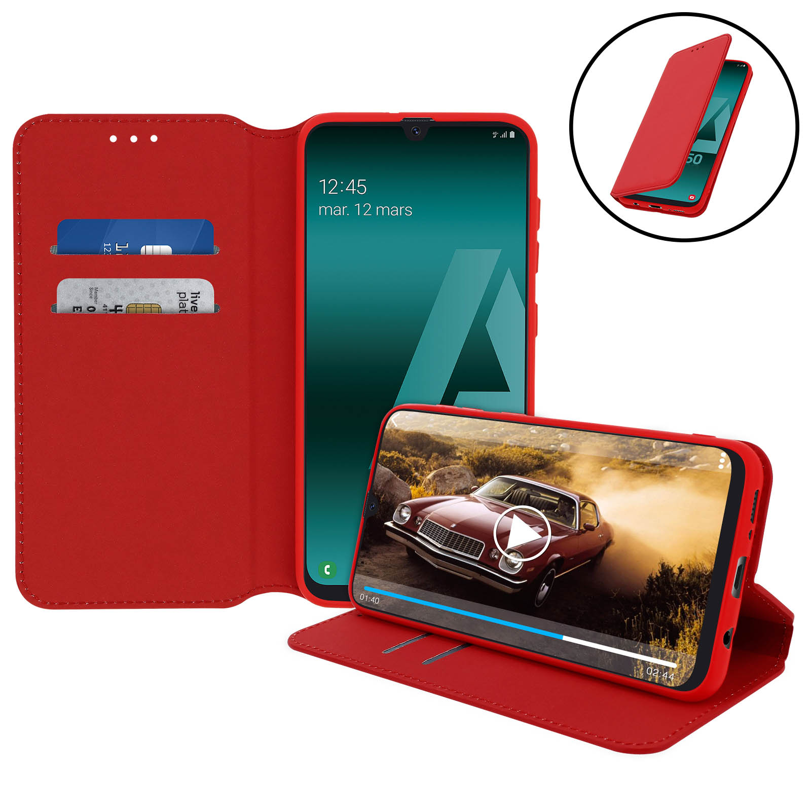Una custodia per telefono rossa è aperta, mostrando un telefono che riproduce un video di un'auto rossa. Immagini extra sullo sfondo.