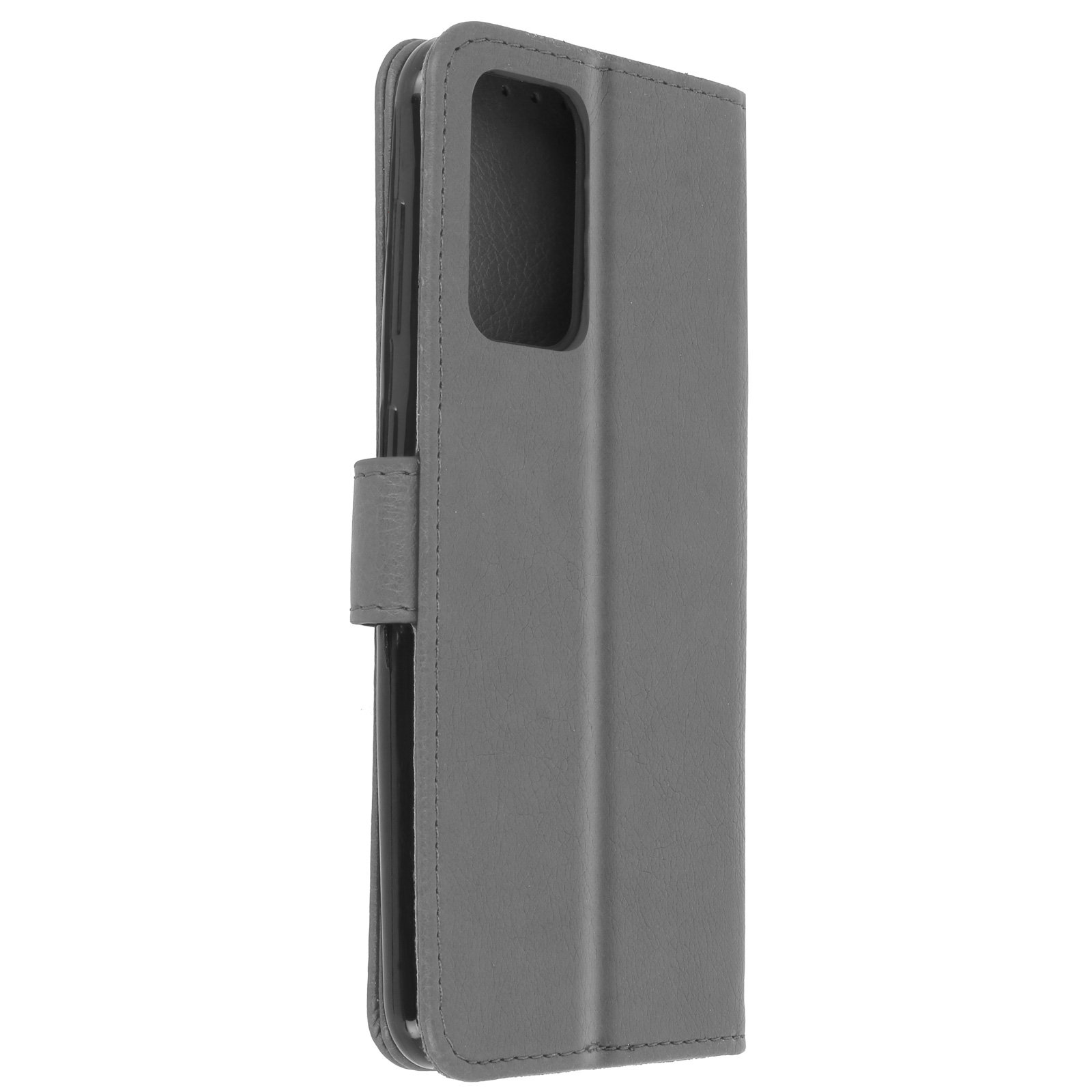 Portefeuille de téléphone gris, fermé, vue latérale.
