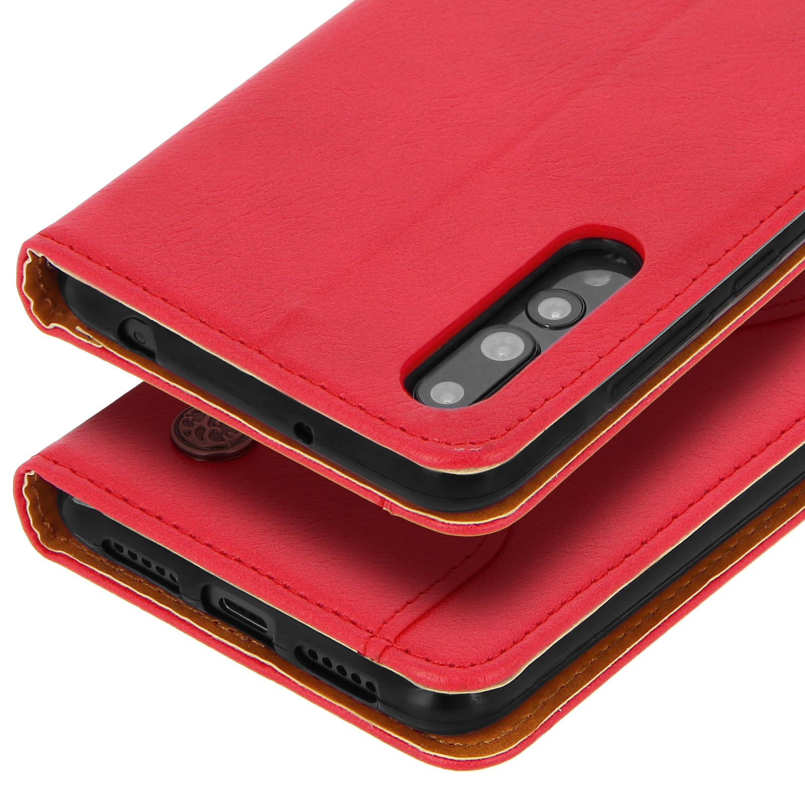 Custodia rossa piegata, con obiettivo della fotocamera visibile.