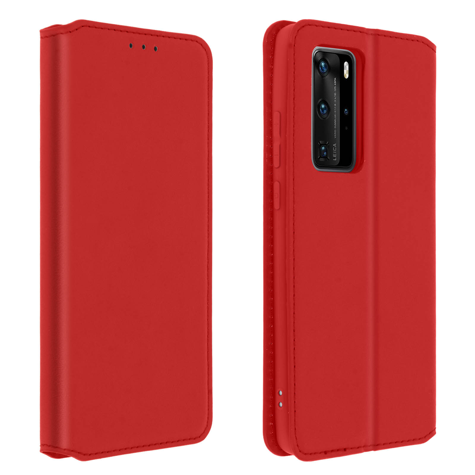 Custodia per telefono rossa, aperta per rivelare un supporto per telefono. La custodia ha una chiusura magnetica, il telefono più fotocamere.